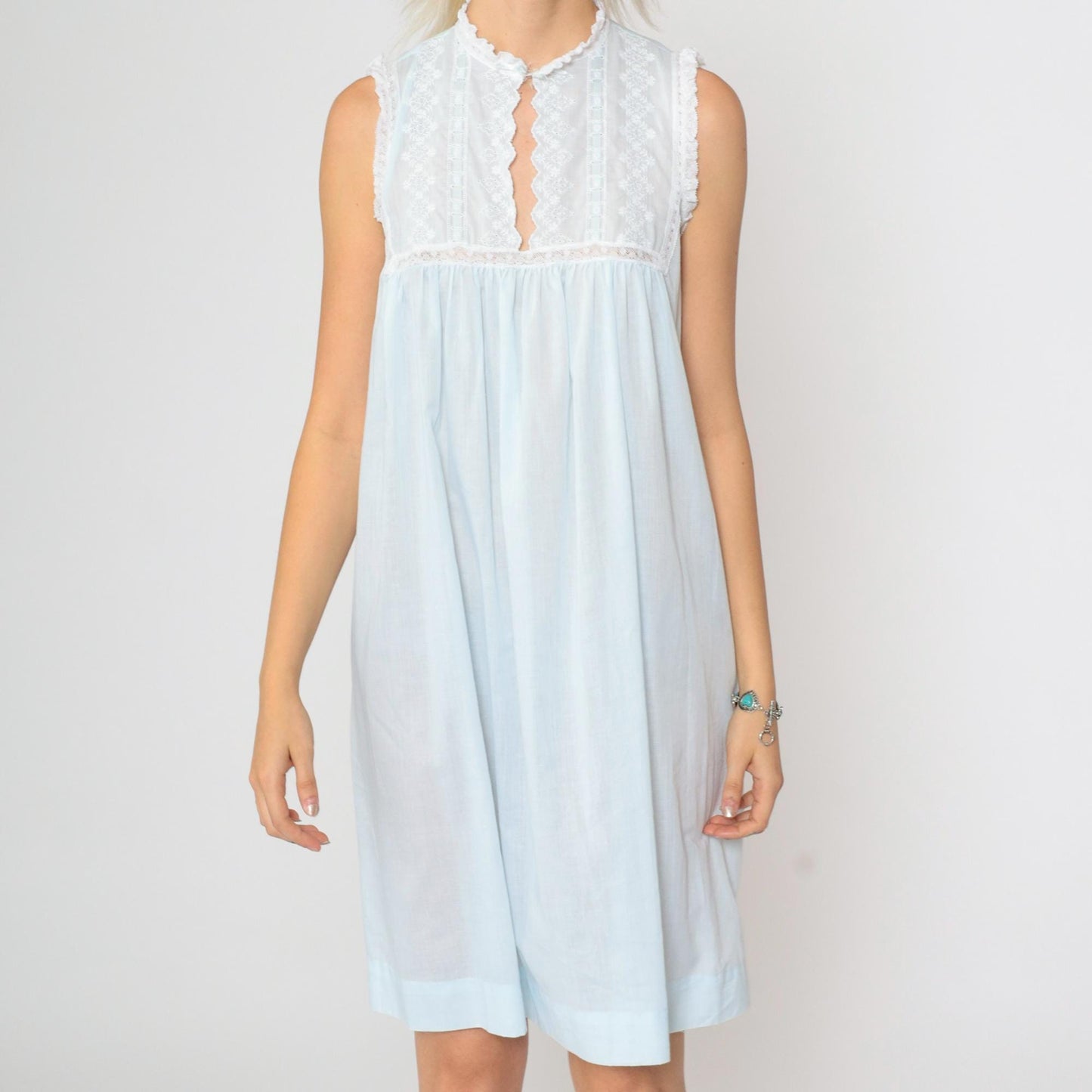 80s Christian Dior Baby Blue Floral Embroidered Nightgown Mini Sleeveless Small
