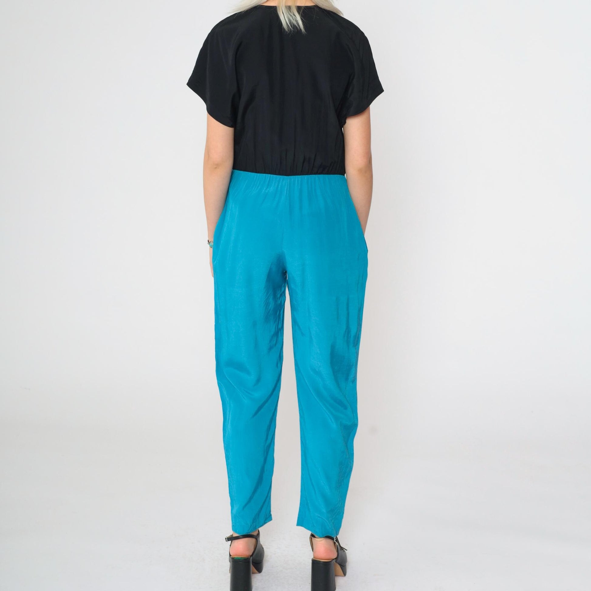 80s Colour Block Jumpsuit Black Blue Wrap V-Neck Tapered Small S