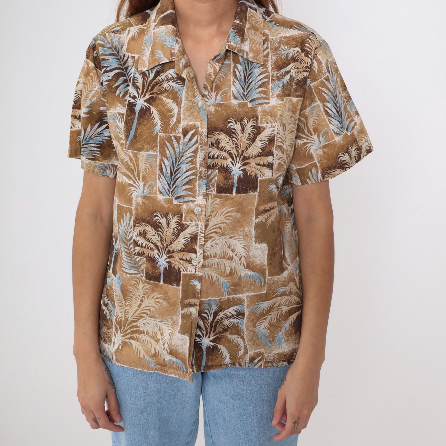 90s Hawaiian Shirt Brown Palm Tree Print Cotton Button Up Medium