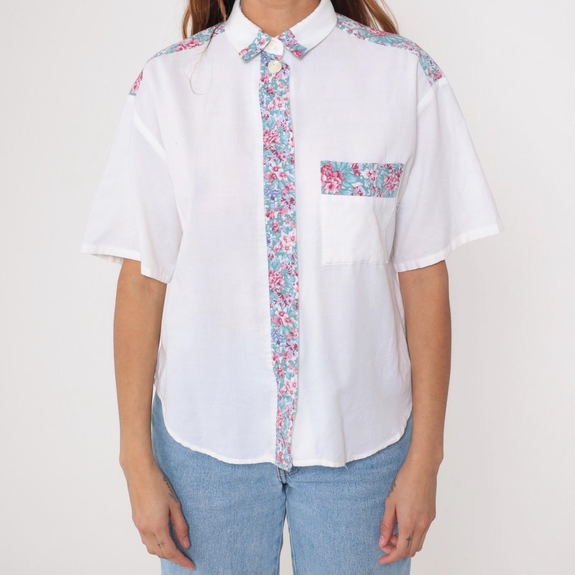 90s Fritzi Petites White Floral Button-Up Blouse Short Sleeve Medium
