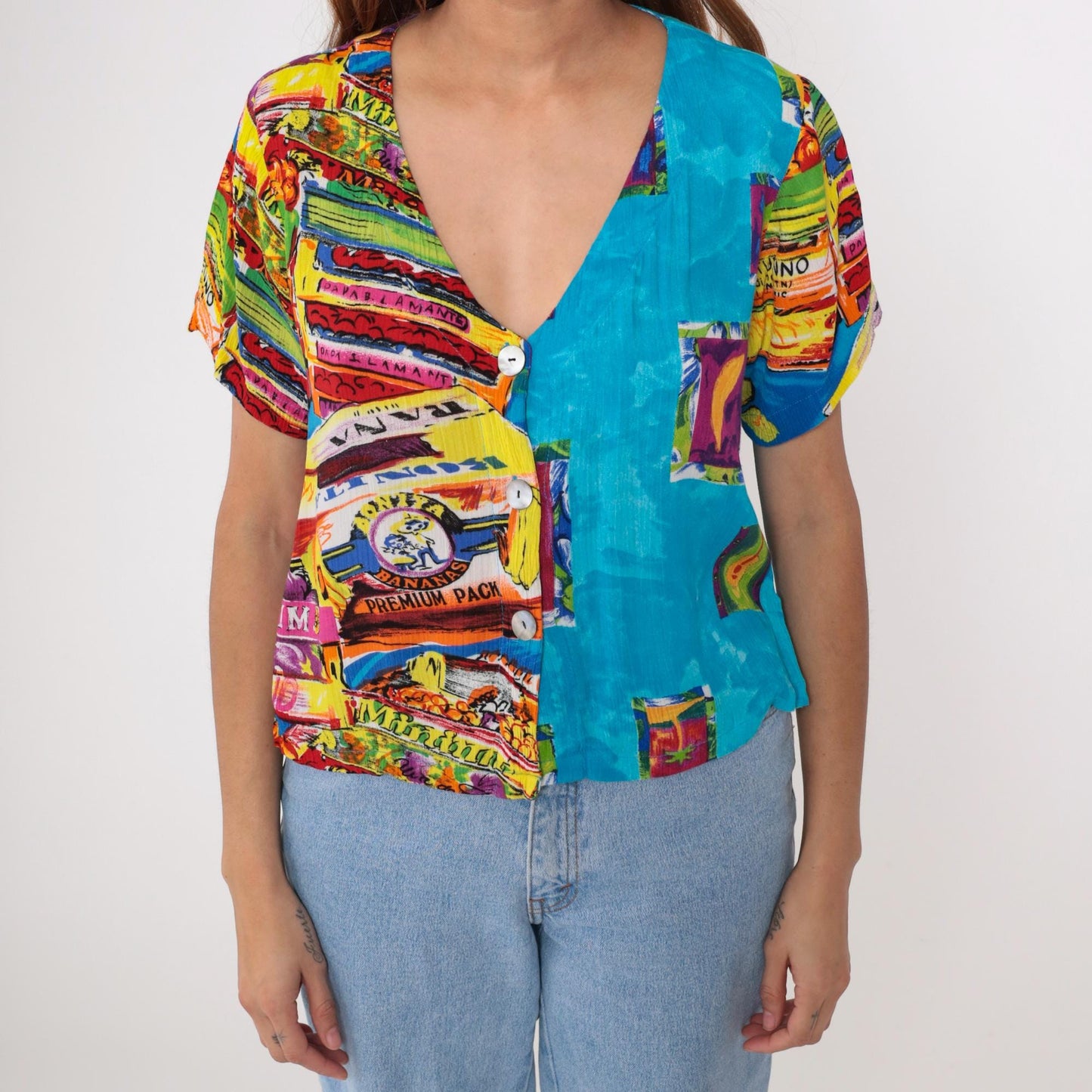 90s Key Lime Pie Tropical Fruit Guitar Print Rayon Button-Up Blouse Medium