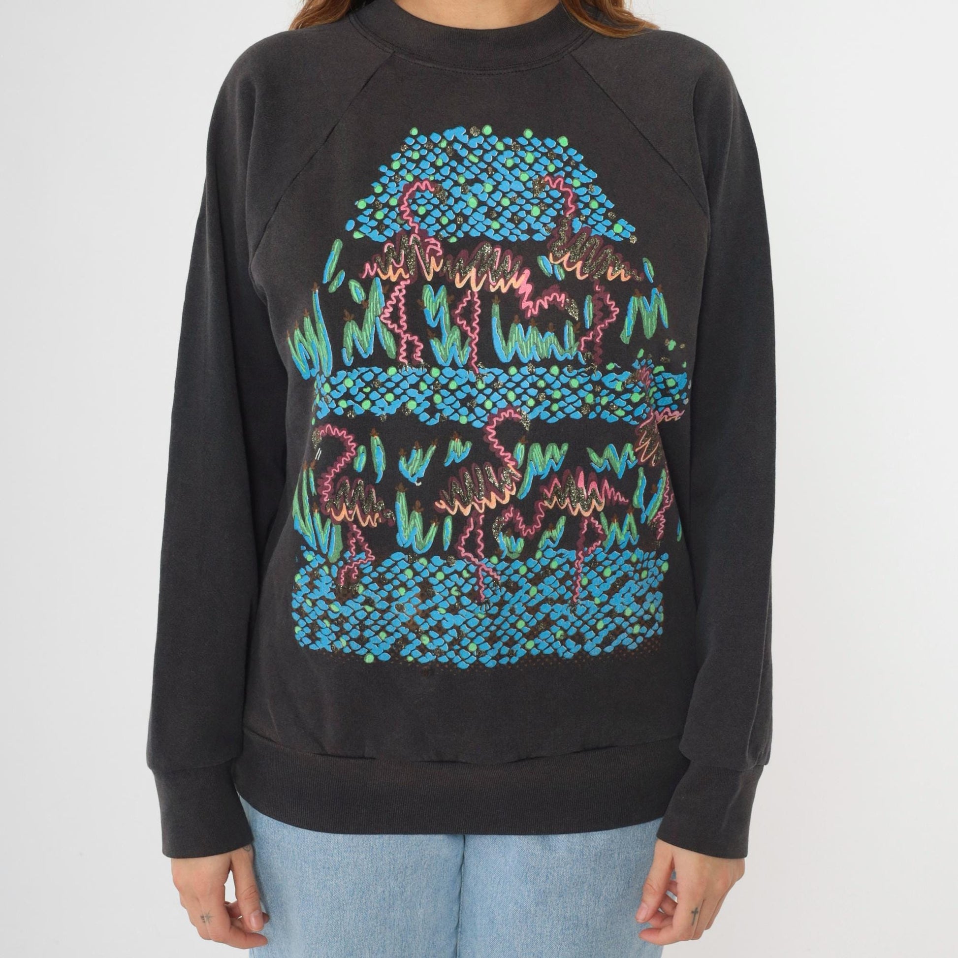 90s Flamingo Sweatshirt Black Glitter Graphic Raglan Crewneck Large