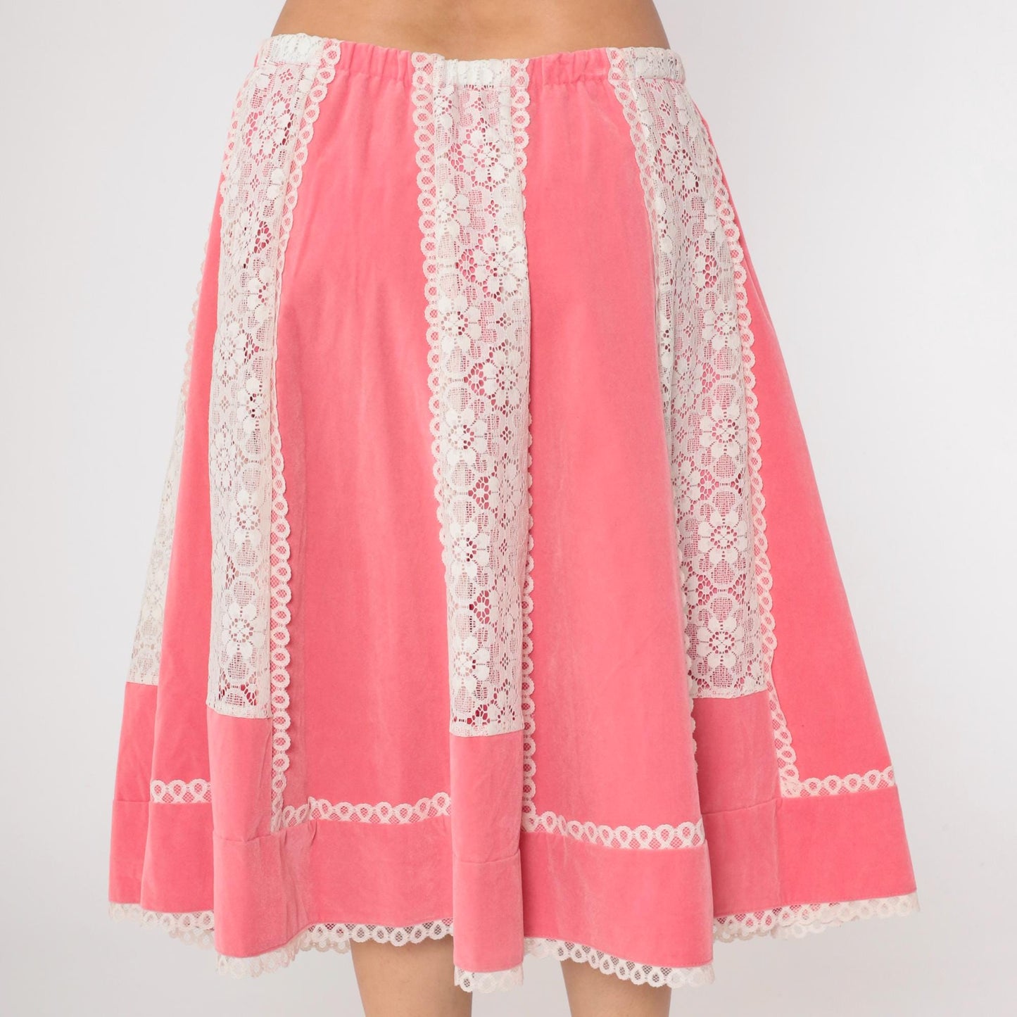 70s Carefree Fashions Pink Velour Midi Skirt Lace Trim High Waist Medium Large