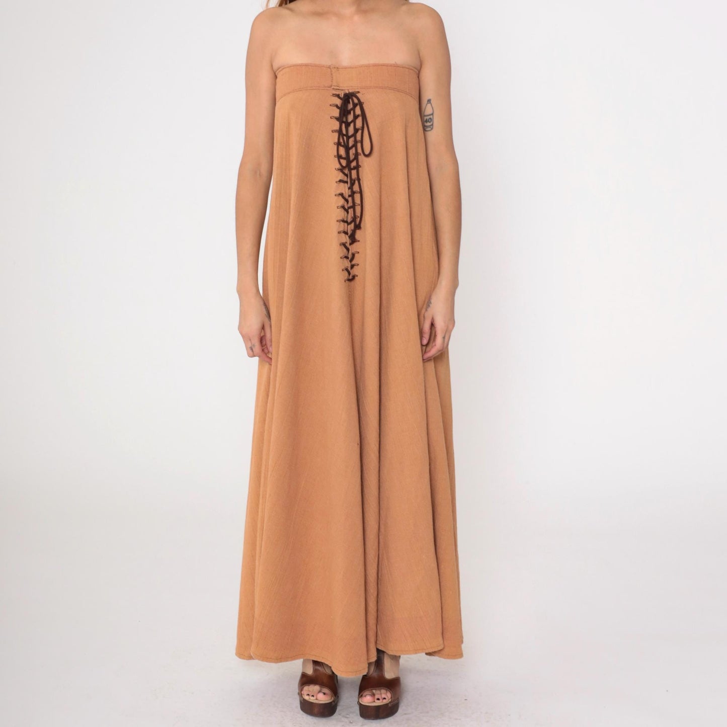 70s Brown Strapless Maxi Dress Lace Up Corset Front Small
