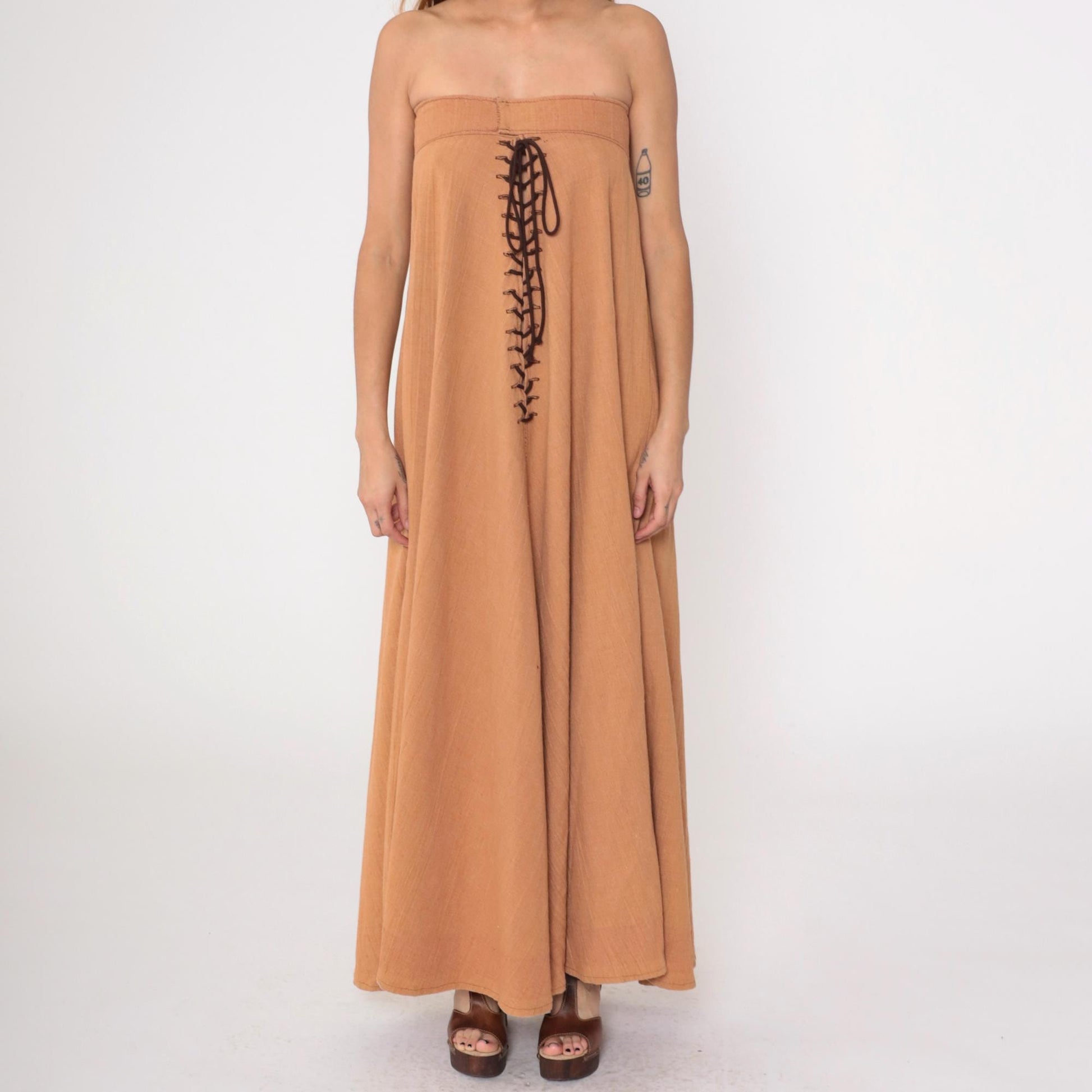 70s Brown Strapless Maxi Dress Lace Up Corset Front Small