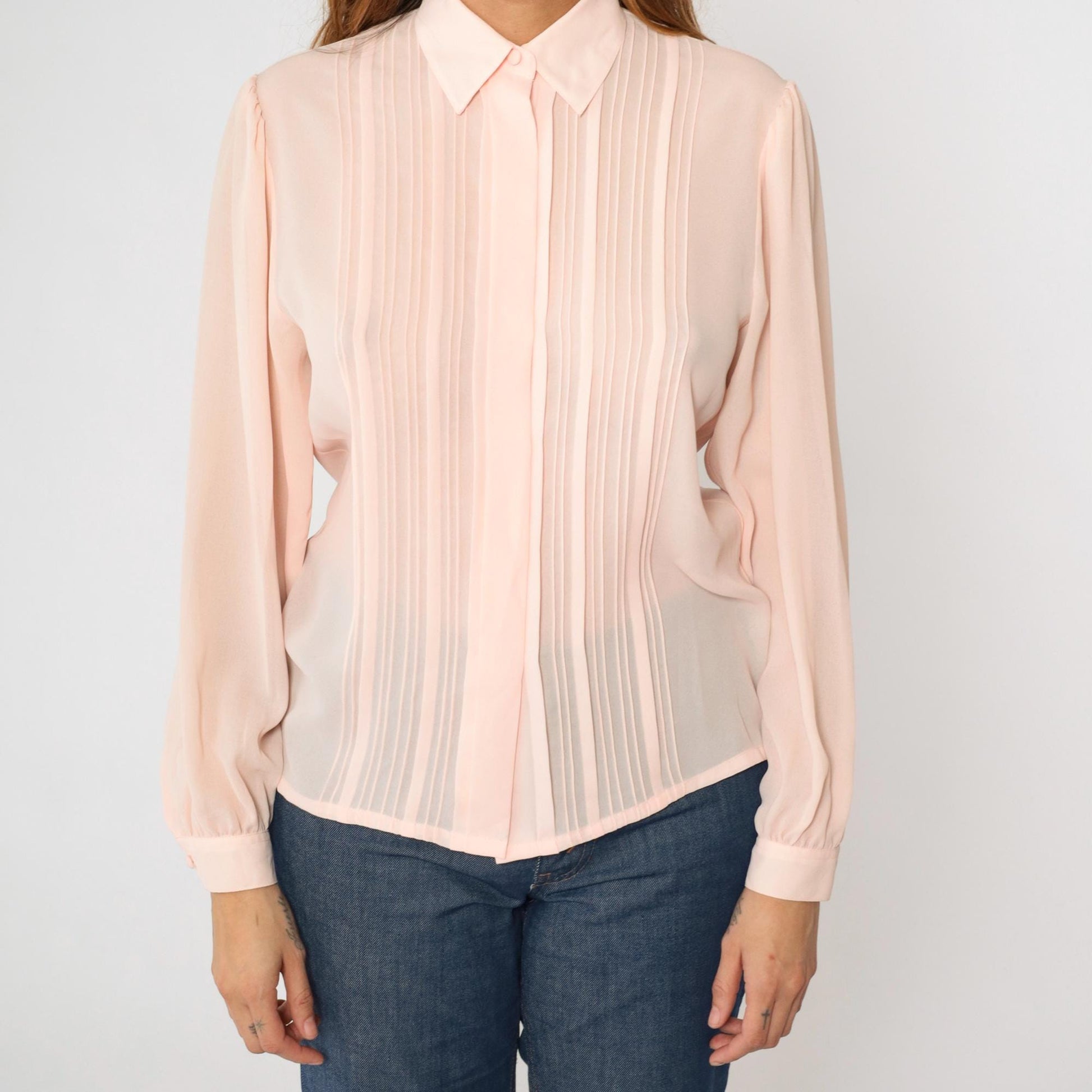 90s Laura and Jayne Pink Pleated Blouse Puff Sleeve Button Up Small