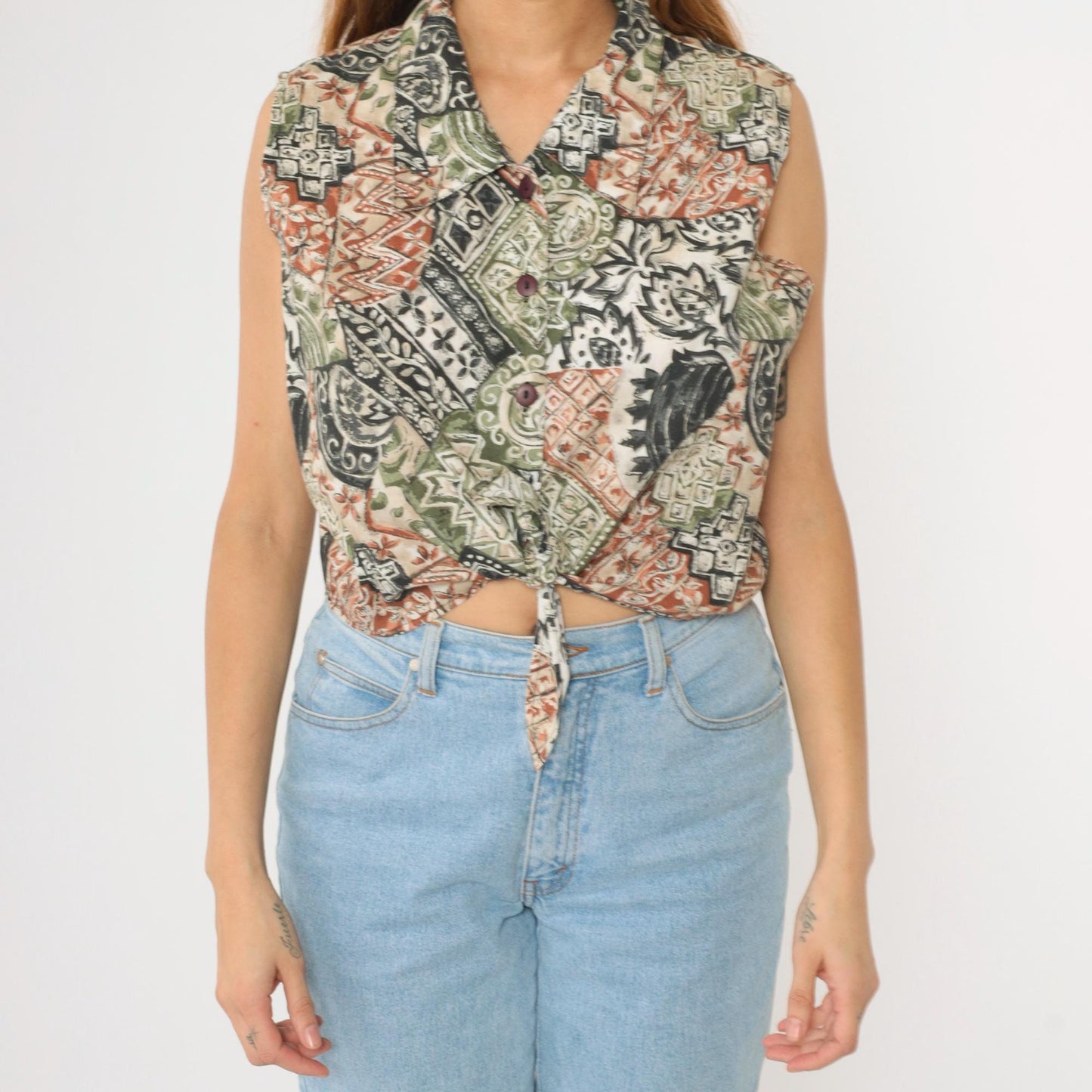 90s Bonjour Patchwork Floral Crop Top Sleeveless Button-Up Blouse Green Extra Large