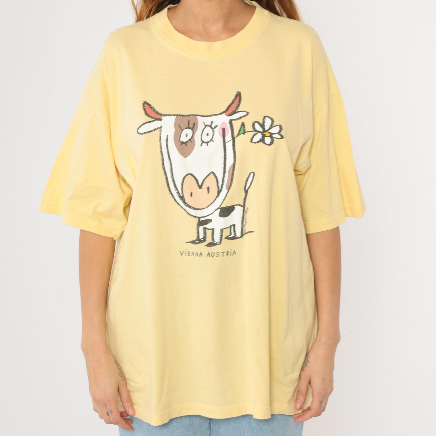 90s Vienna Austria Cow Graphic Tee Yellow Cotton T-Shirt Extra Large XL