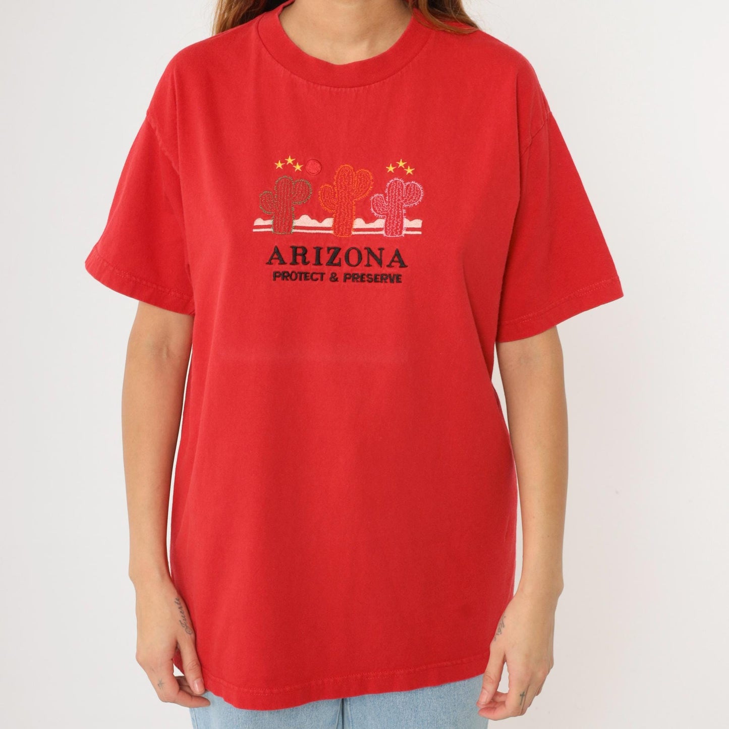 Y2K Arizona Cactus Embroidered T-Shirt Red Cotton Graphic Tee Large