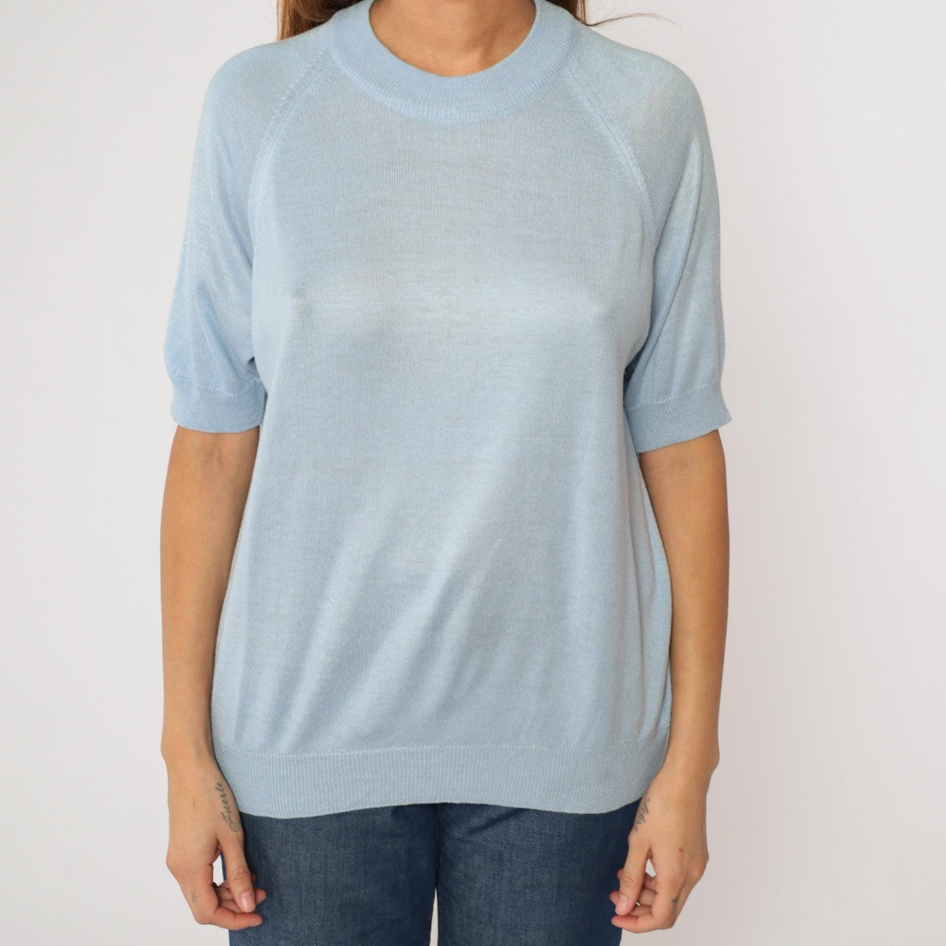 80s Blue Knit Sweater Raglan Short Sleeve Crewneck Rear Zip Large L