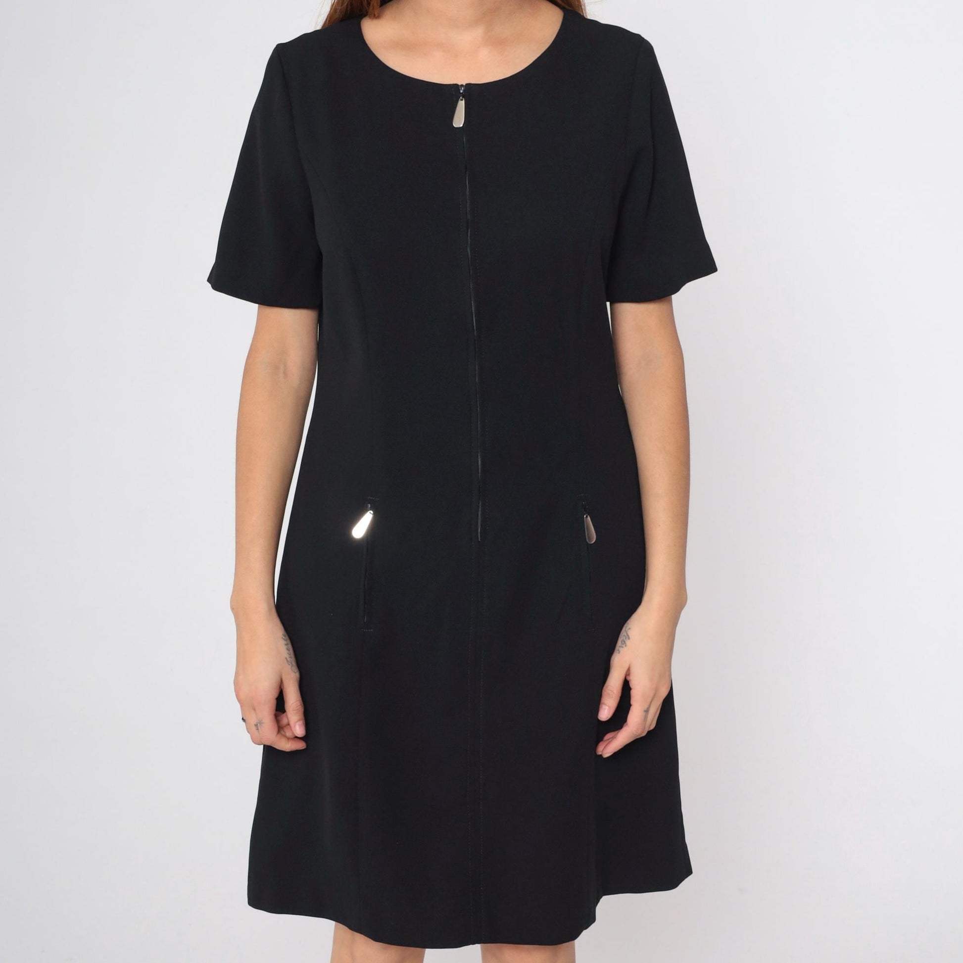 90s Carole Little Black Zip Mini Dress Shift Cut Pockets Medium
