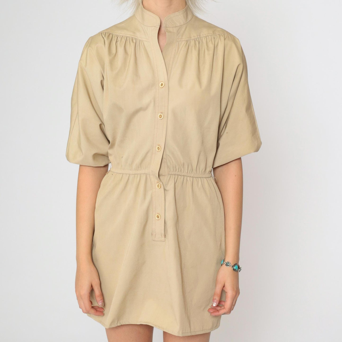 70s Tan Button-Up Mini Shirtdress High Waist Short Sleeve Small