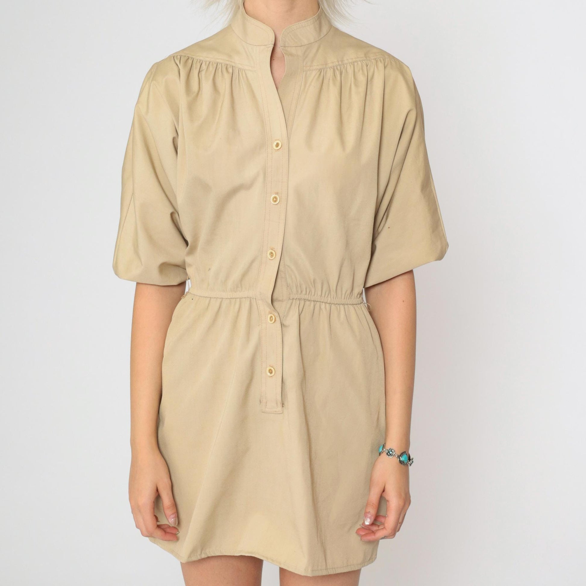 70s Tan Button-Up Mini Shirtdress High Waist Short Sleeve Small