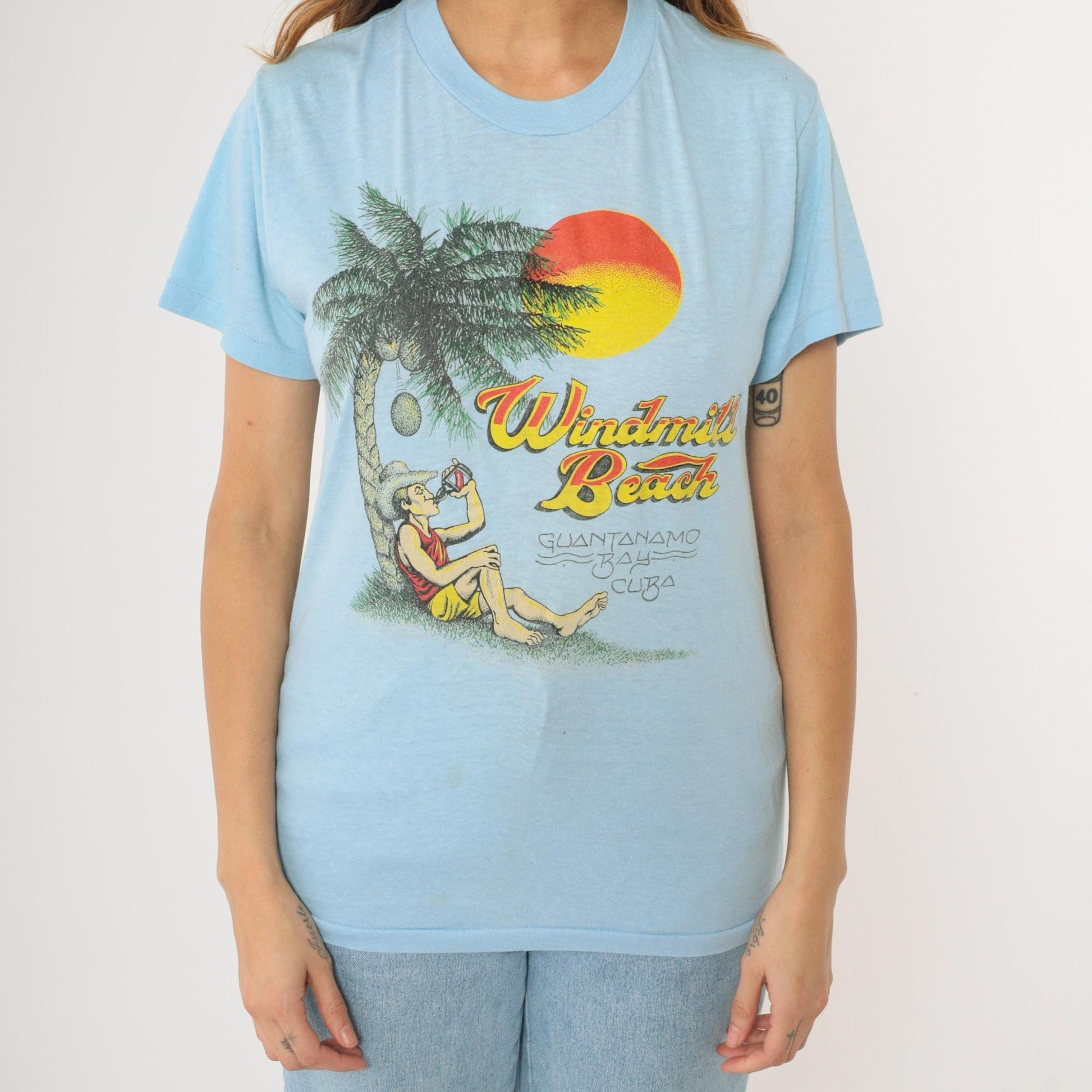 80s Guantanamo Bay Cuba Windmill Beach Graphic T-Shirt Baby Blue Small