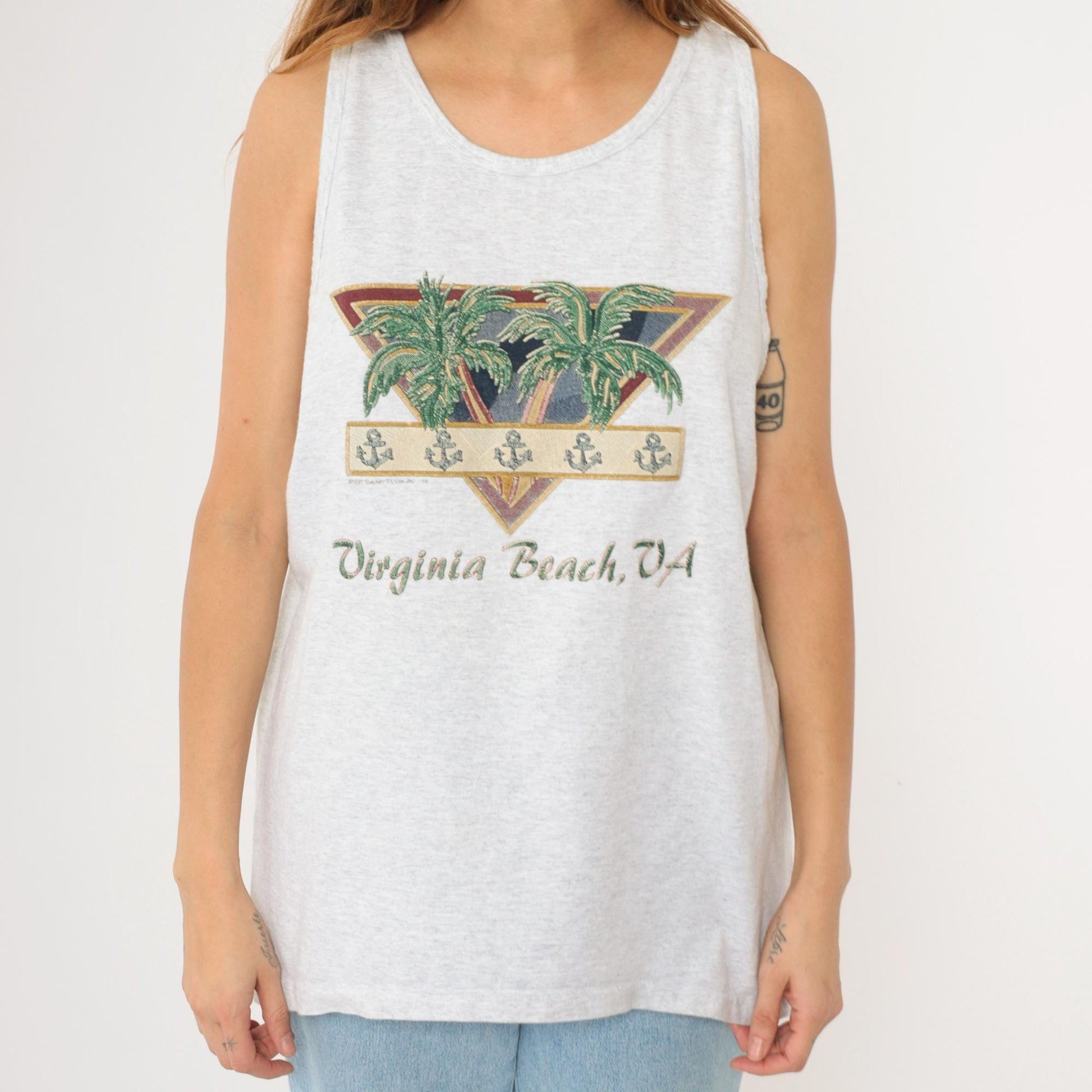 90s Virginia Beach Tank Top Graphic Tee Palm Tree Anchor Grey Extra Large