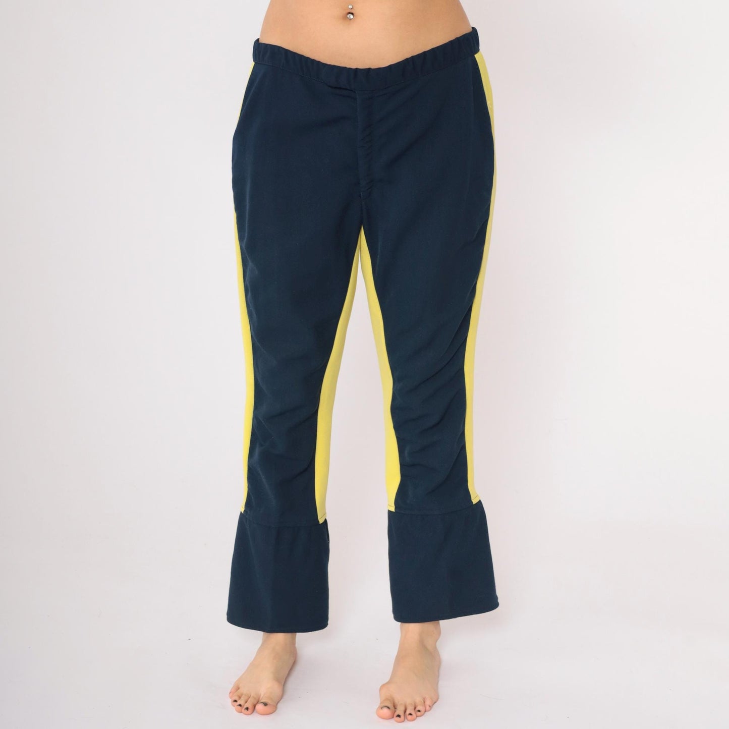 70s Roffe Ski Pants Navy Blue Yellow Striped Flared Snow Pants Medium