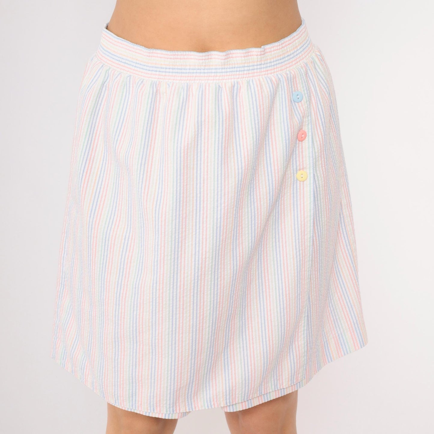 80s Seersucker Striped Skort White Rainbow Pastel High Waist Mini Medium