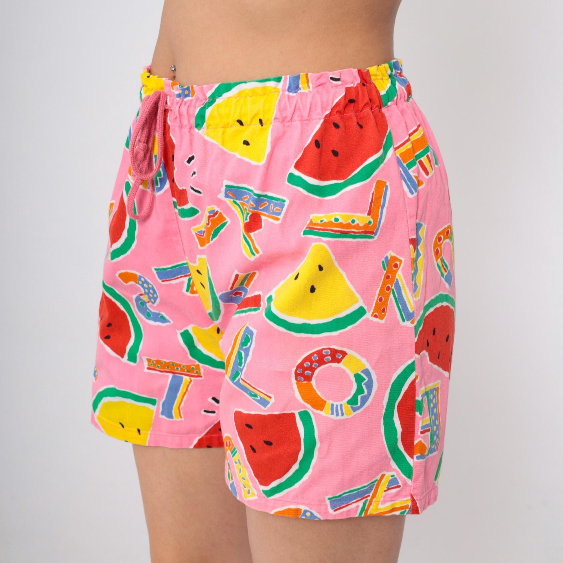 90s Tropical Watermelon Alphabet Print Shorts Pink Drawstring Small Medium