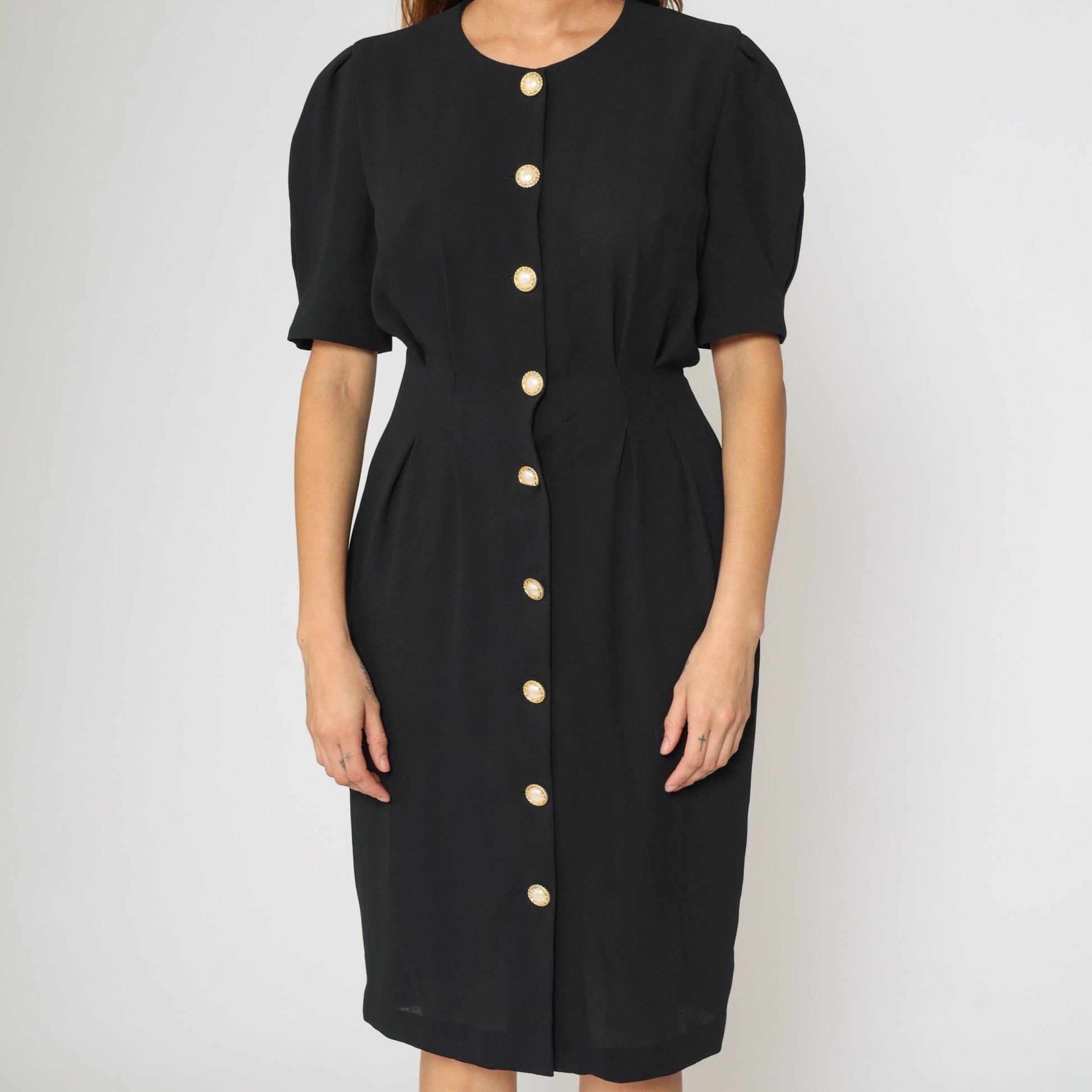 90s Ms Chaus Black Button-Up Midi Dress Puff Sleeve Pencil Medium 8