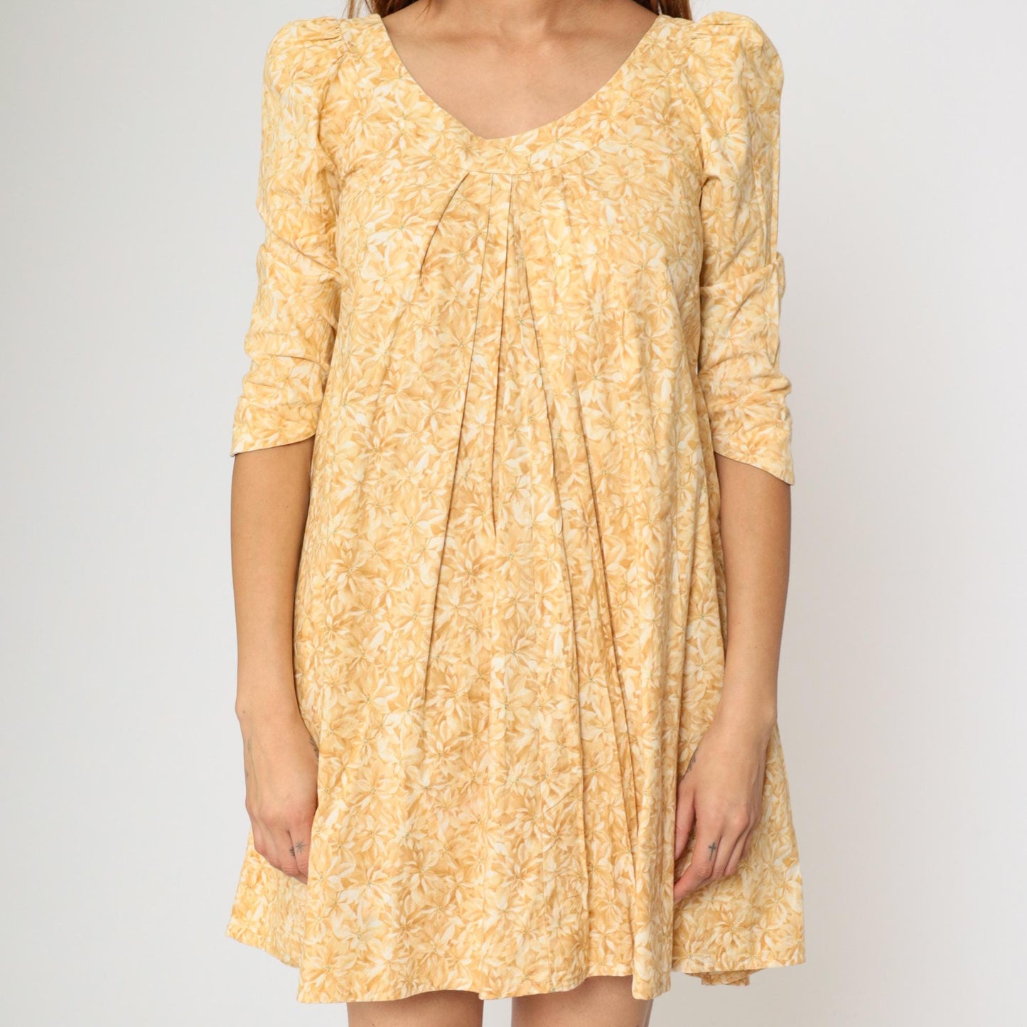 90s Hilo Hattie Hawaiian Yellow Floral Mini Dress Puff Sleeve A-Line Extra Small