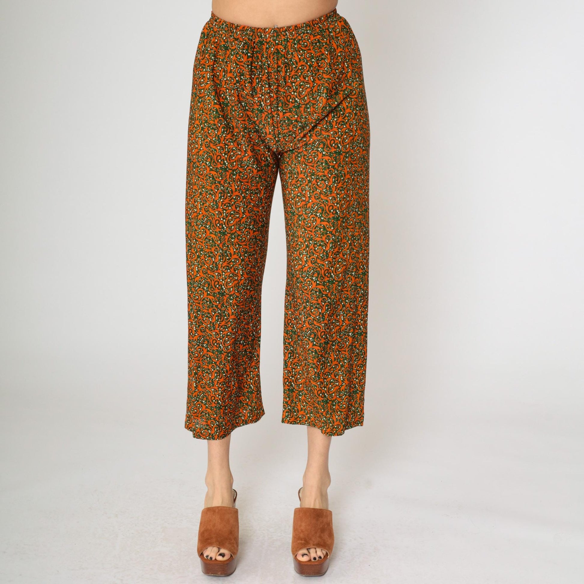 Y2K Orange Green Baroque Swirl Wide Leg Cropped Trousers Extra Small XS