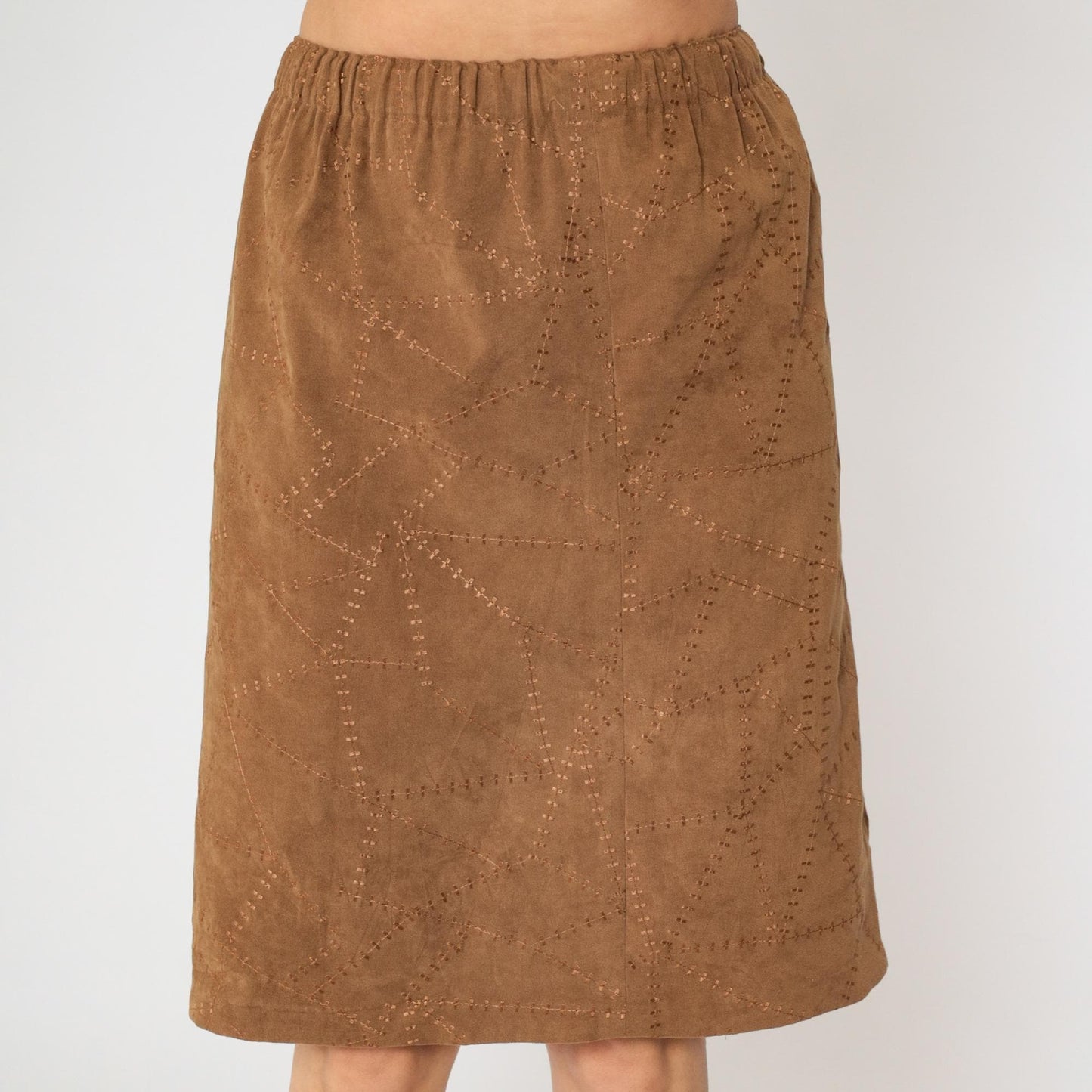 90s Brown Patchwork Faux Suede Pencil Skirt High Waist Small Medium