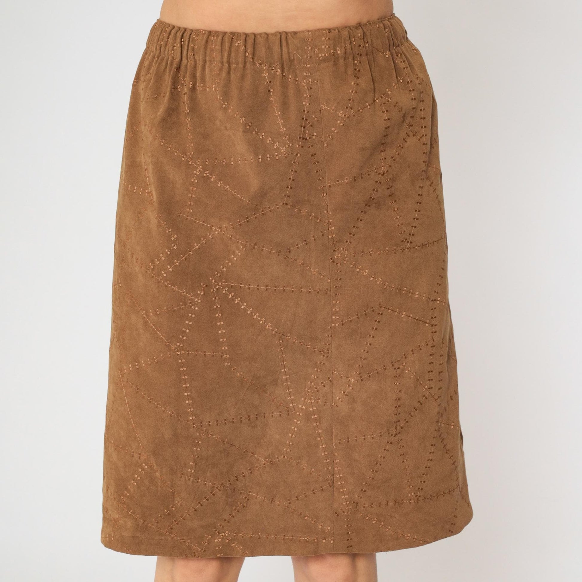 90s Brown Patchwork Faux Suede Pencil Skirt High Waist Small Medium