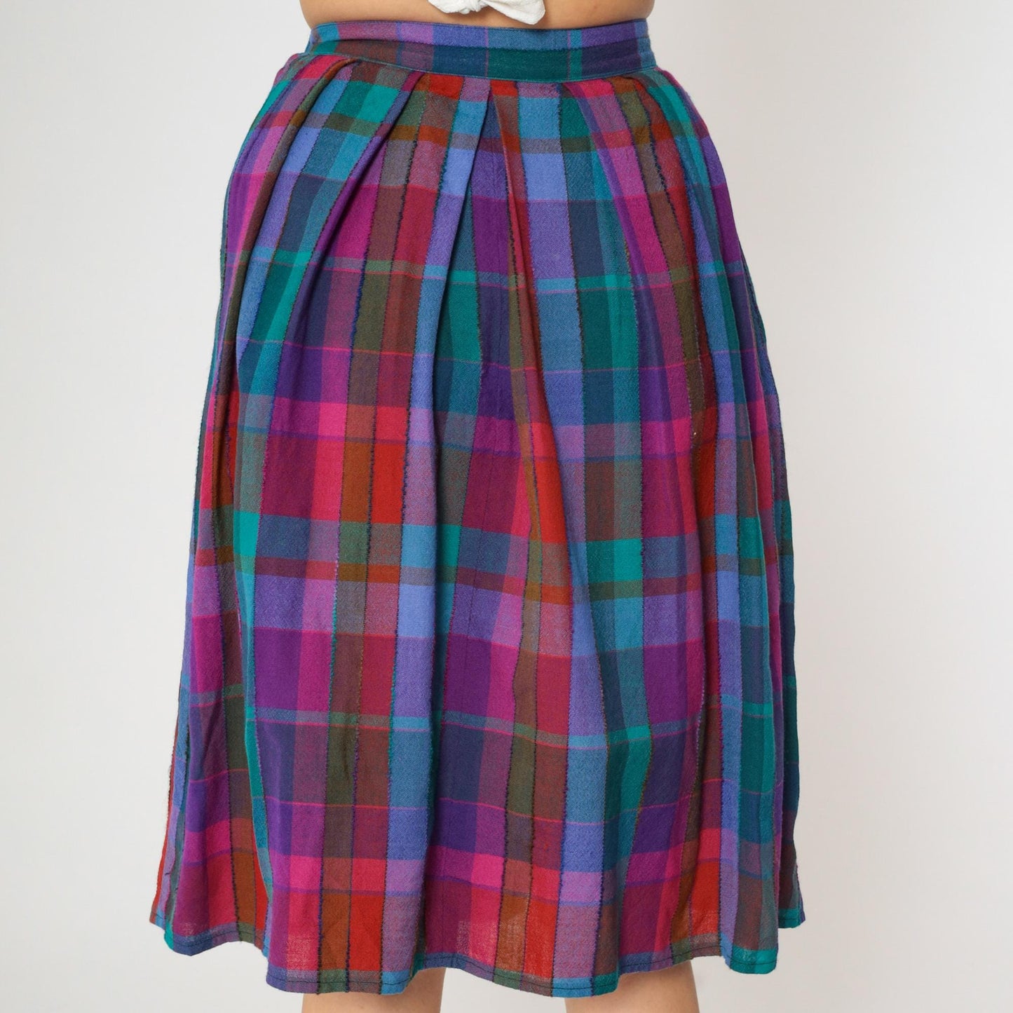 80s John Meyer Checkered Wool Midi Skirt High Waist Pleated Purple Blue Extra Small