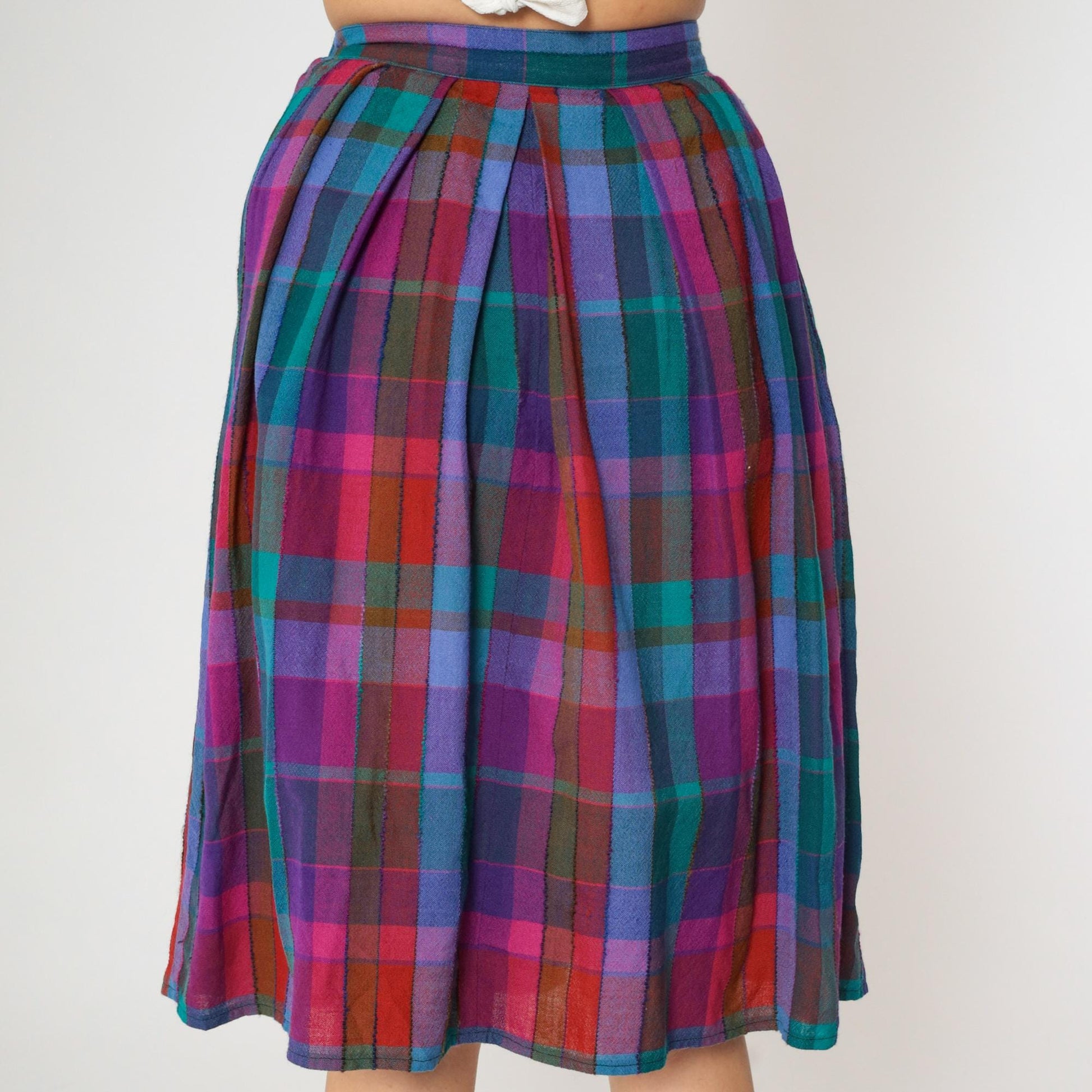 80s John Meyer Checkered Wool Midi Skirt High Waist Pleated Purple Blue Extra Small
