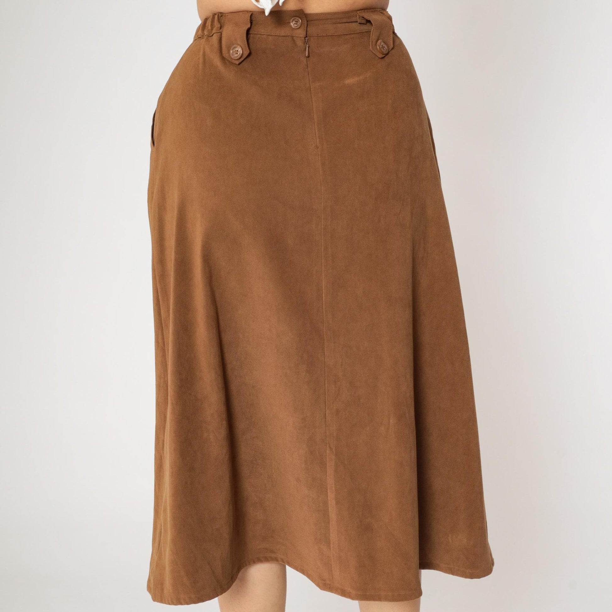90s Brown A-Line Midi Skirt High Waisted Pockets Small 4P