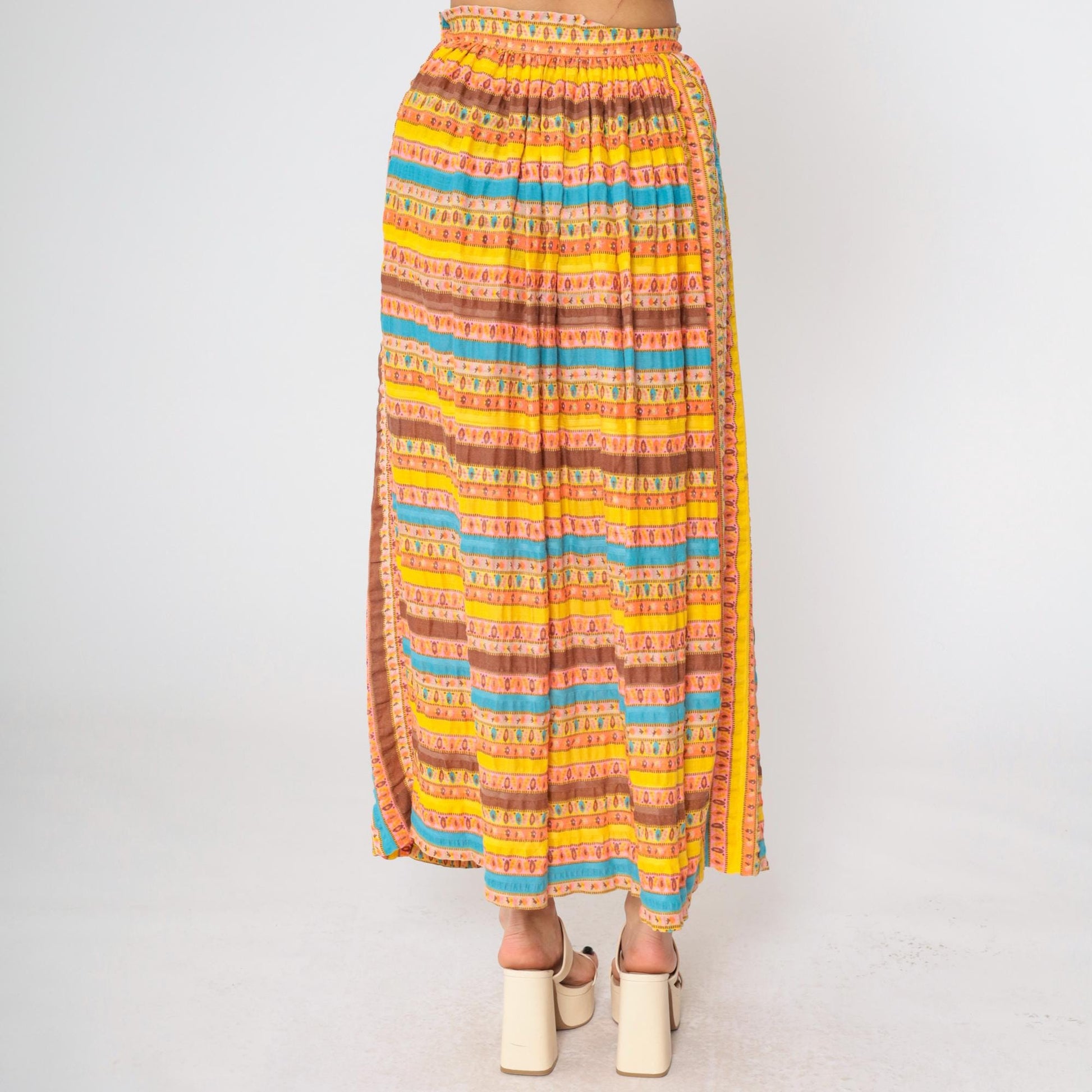 70s Lady Arrow Striped Maxi Skirt High Waist Floral Abstract Print Medium