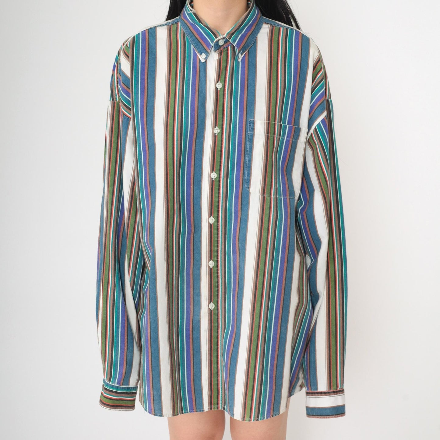 90s Bon Homme Multicolor Striped Cotton Button-Up Shirt Long Sleeve Extra Large XL