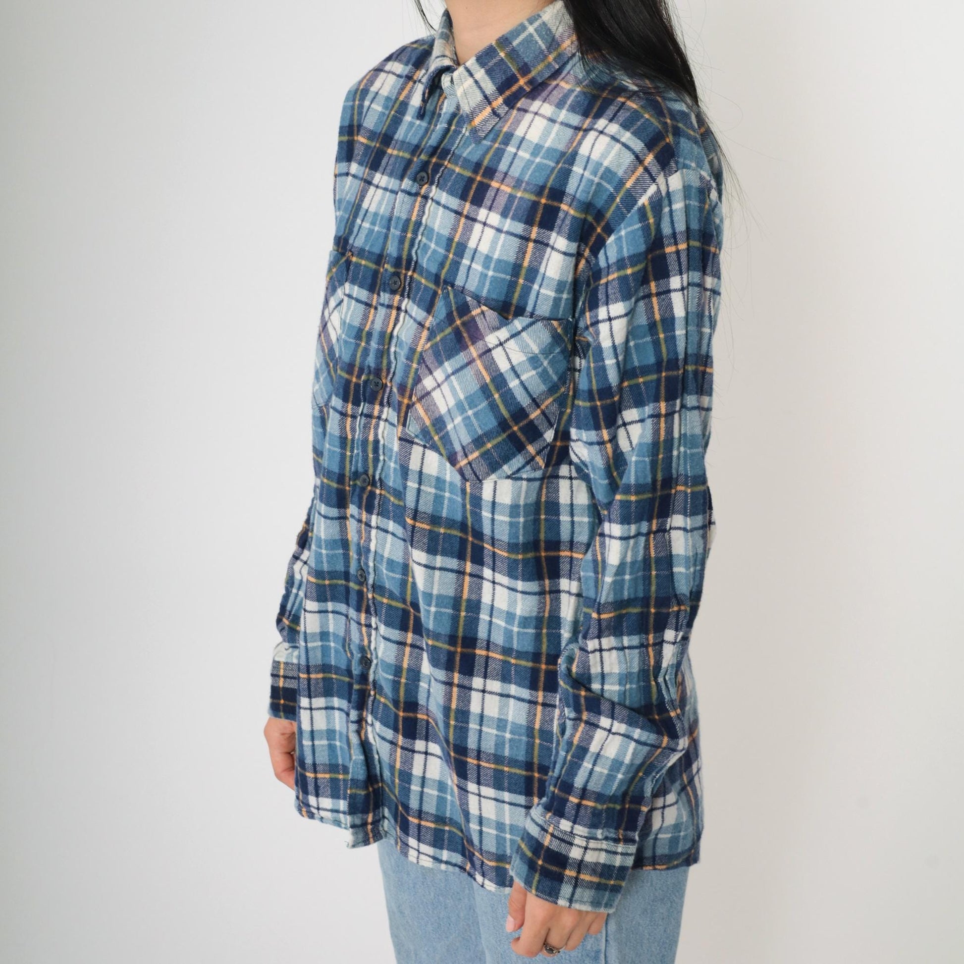90s Ozark Trail Blue Plaid Flannel Shirt Cotton Button-Up Medium