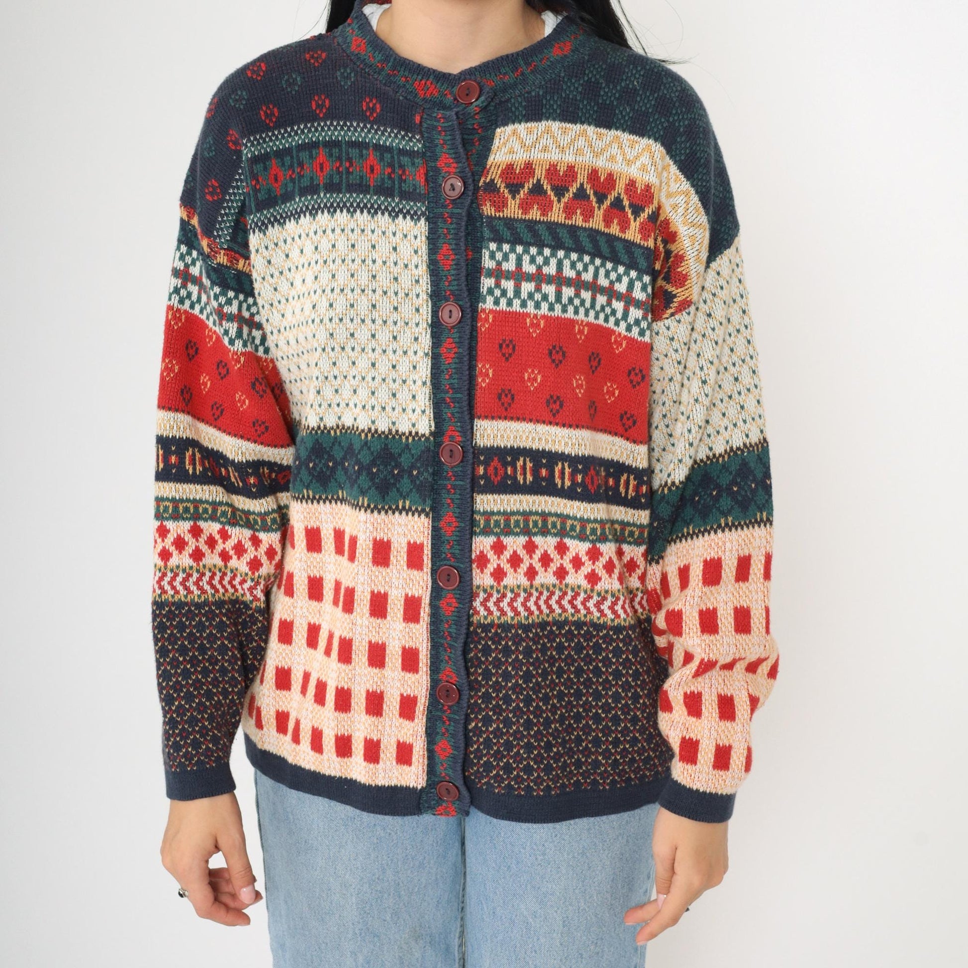 90s Cabin Creek Patchwork Cardigan Checkered Heart Print Button Up Medium