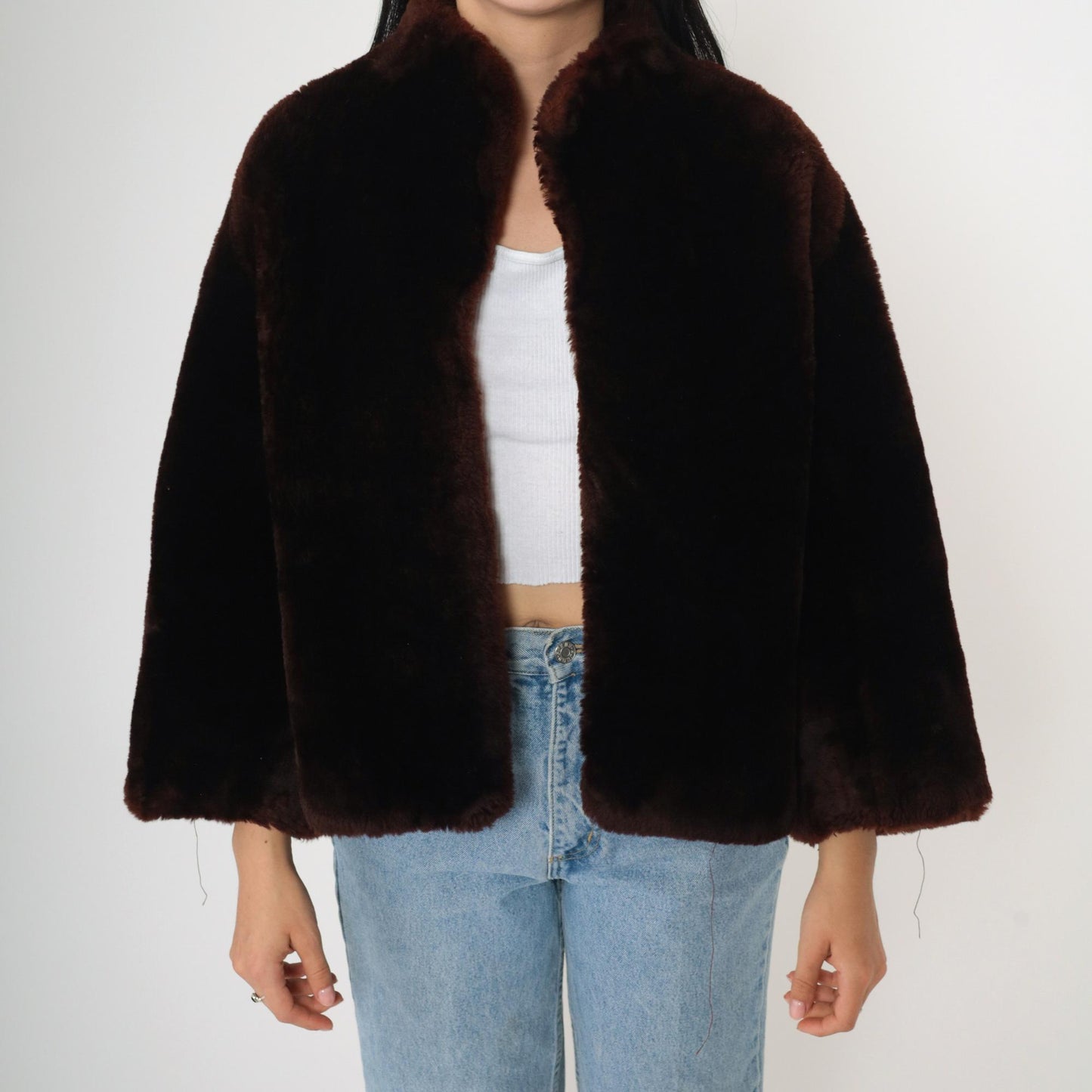 70s Brown Fur Jacket Cape Silhouette Bell Sleeve Open Front Small