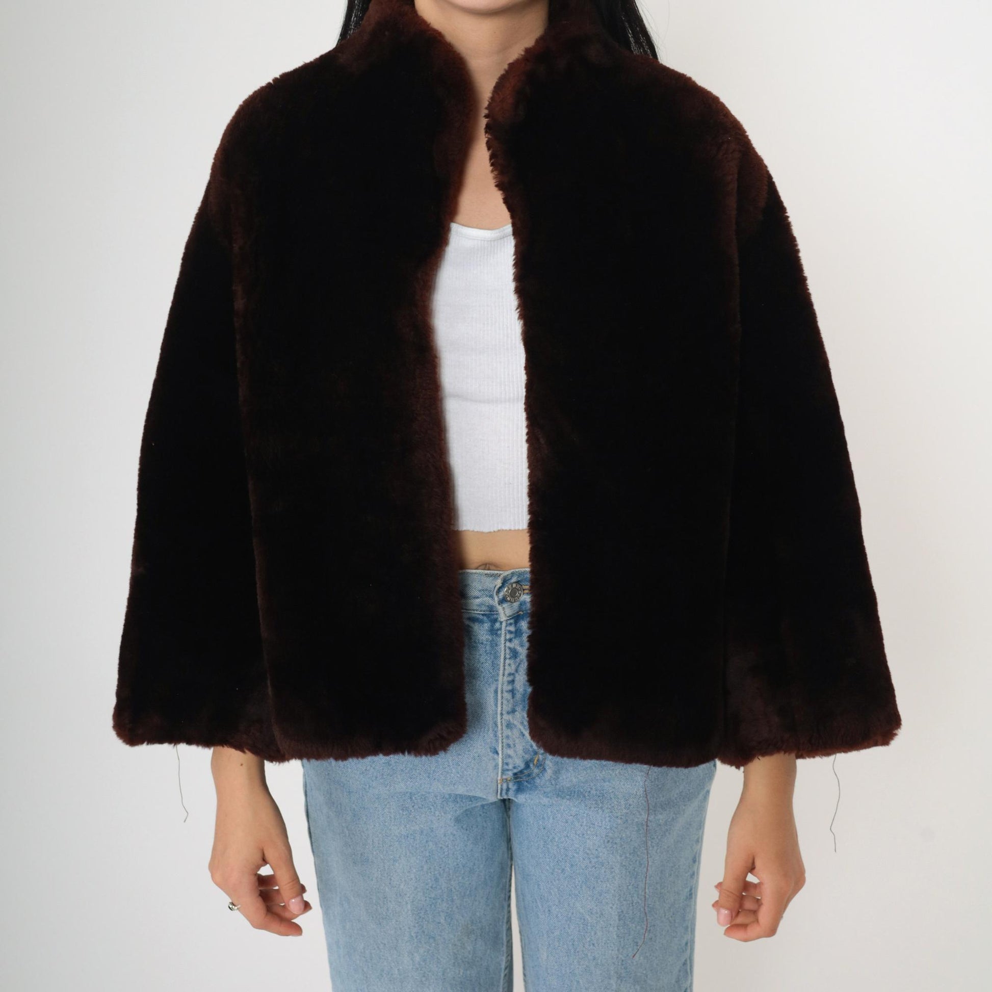 70s Brown Fur Jacket Cape Silhouette Bell Sleeve Open Front Small