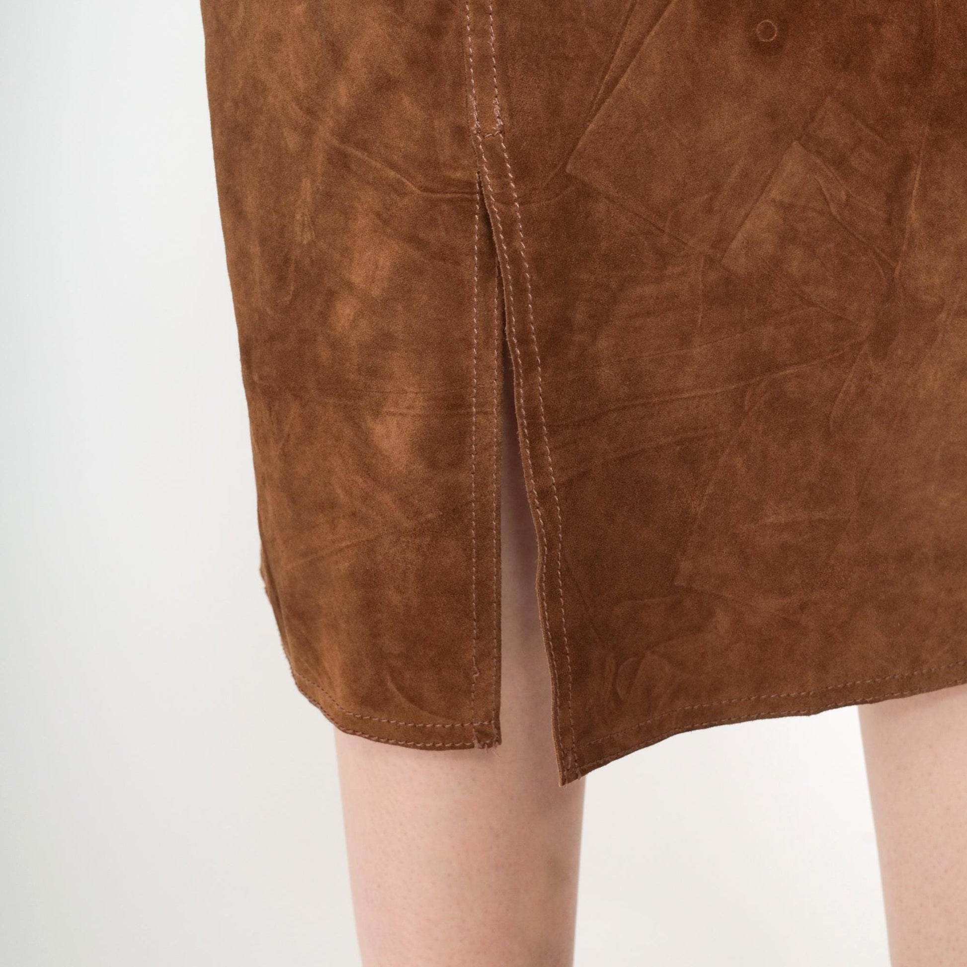 90s Brown Suede Midi Skirt High Waist Front Slit Small S