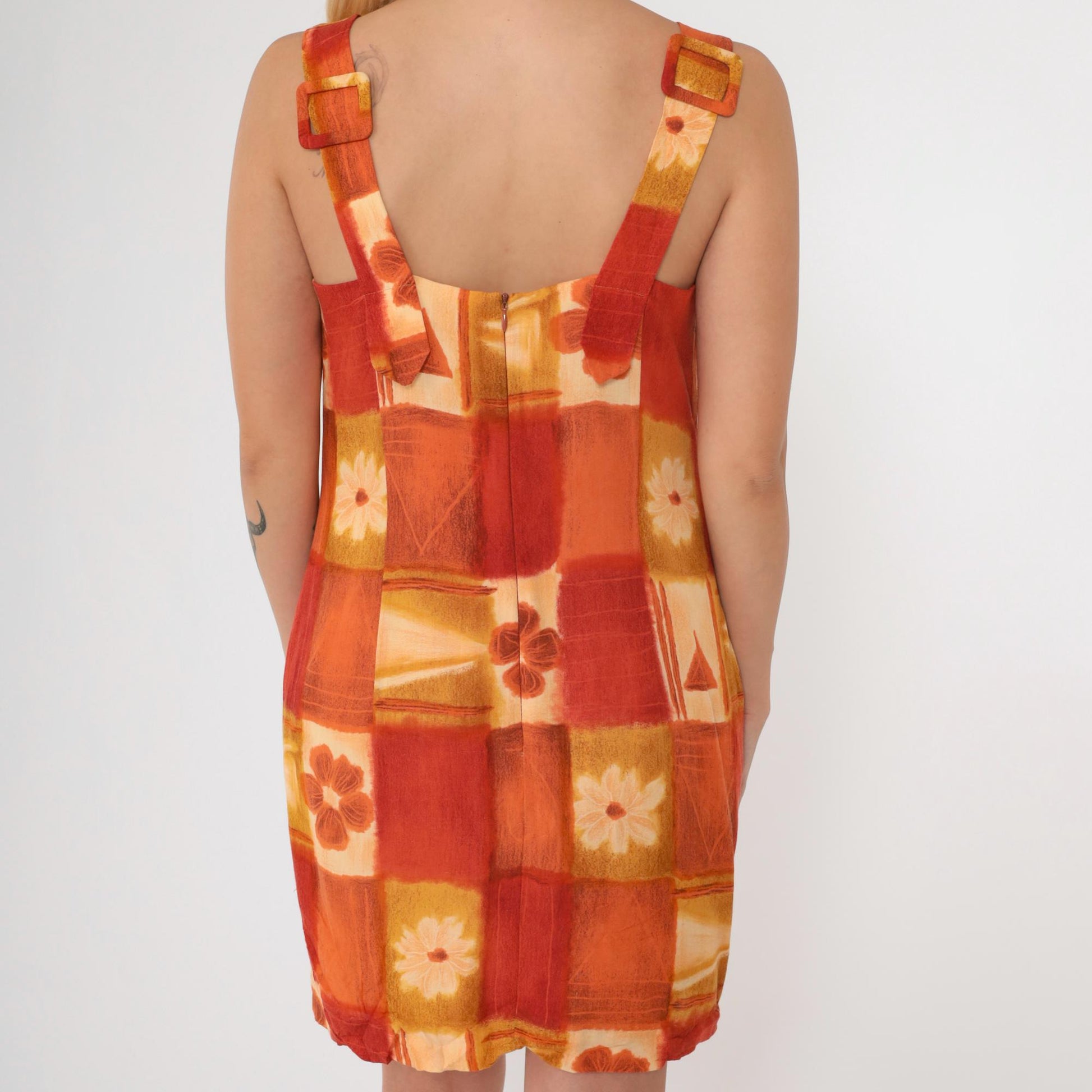 90s Jeffrey & Dara Geometric Floral Mini Dress Sleeveless Yellow Orange Small