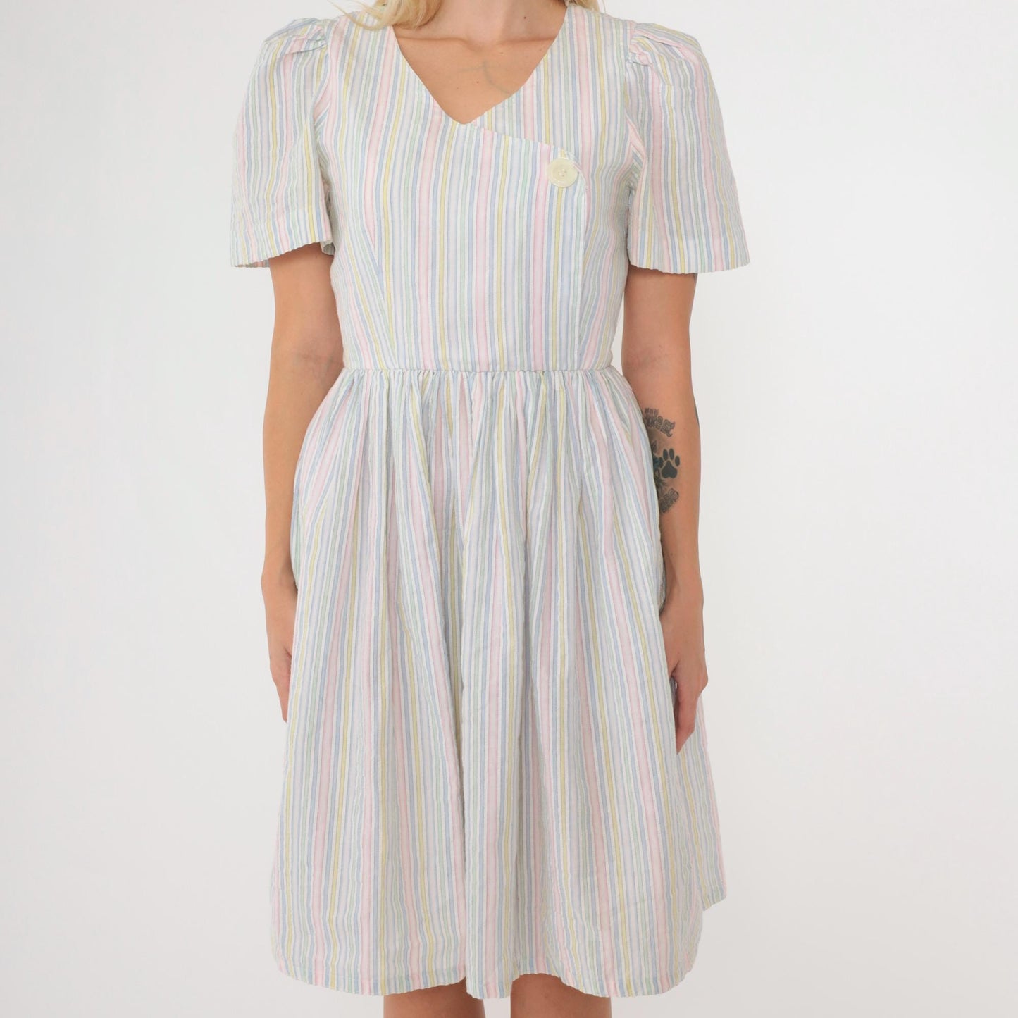 80s Striped Puff Sleeve Dress High Waisted Button Front Midi Green Pink Blue Extra Small