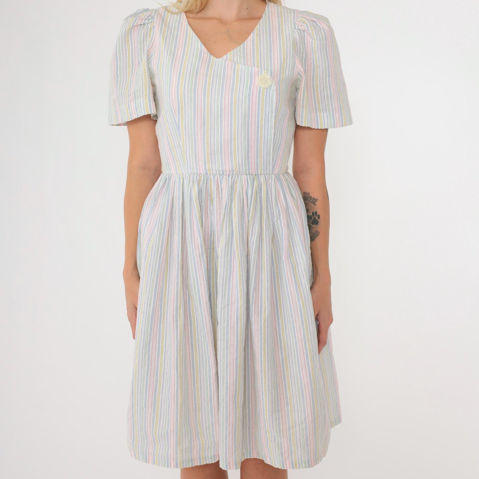 80s Striped Puff Sleeve Dress High Waisted Button Front Midi Green Pink Blue Extra Small