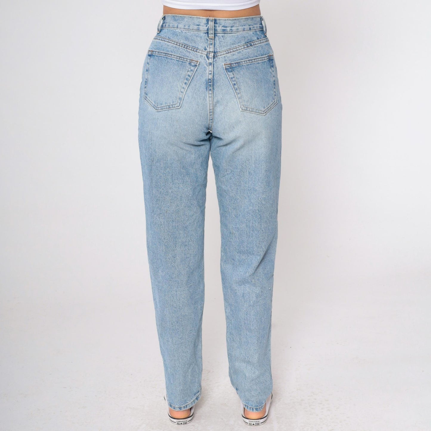 90s Floral Appliqué Light Wash Jeans High Waist Tapered Denim Small Long