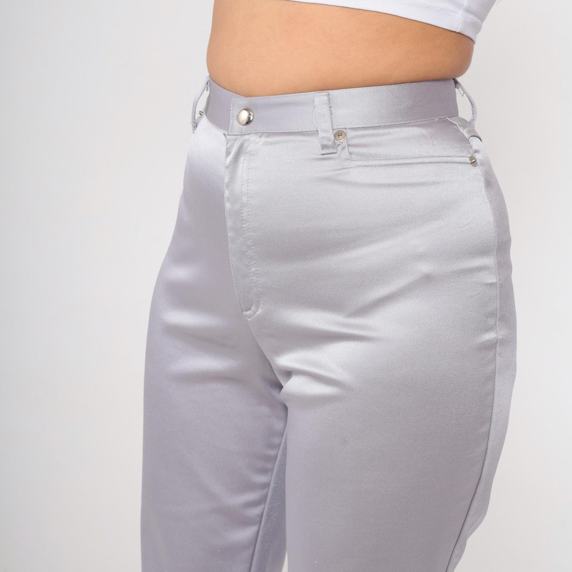 90s Forenza Silver Satin High-Waist Straight-Leg Trousers Small
