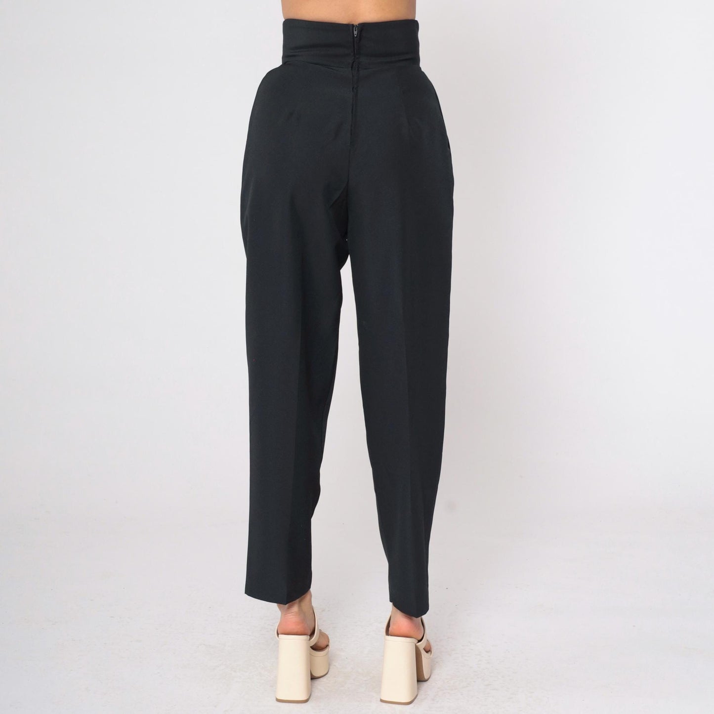 80s Black Tapered Trousers High Waist Colour Block Waistband Size 9