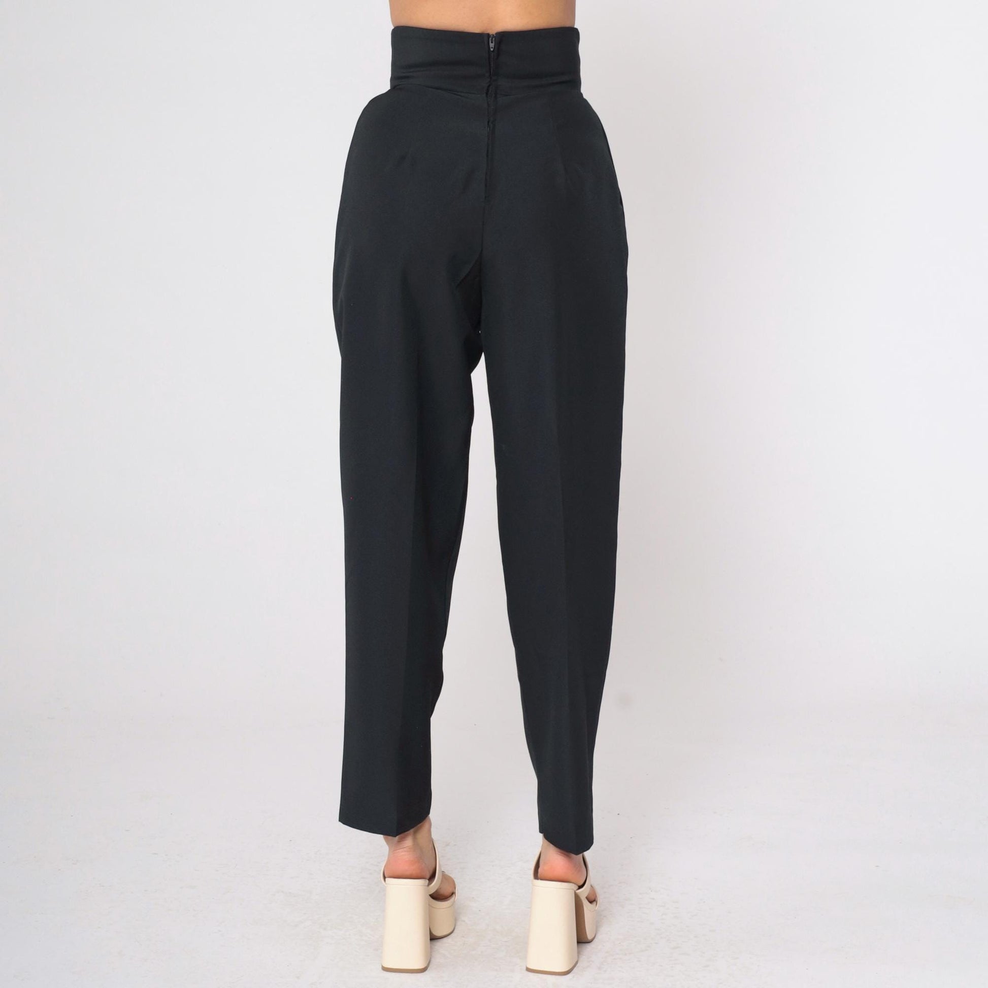 80s Black Tapered Trousers High Waist Colour Block Waistband Size 9
