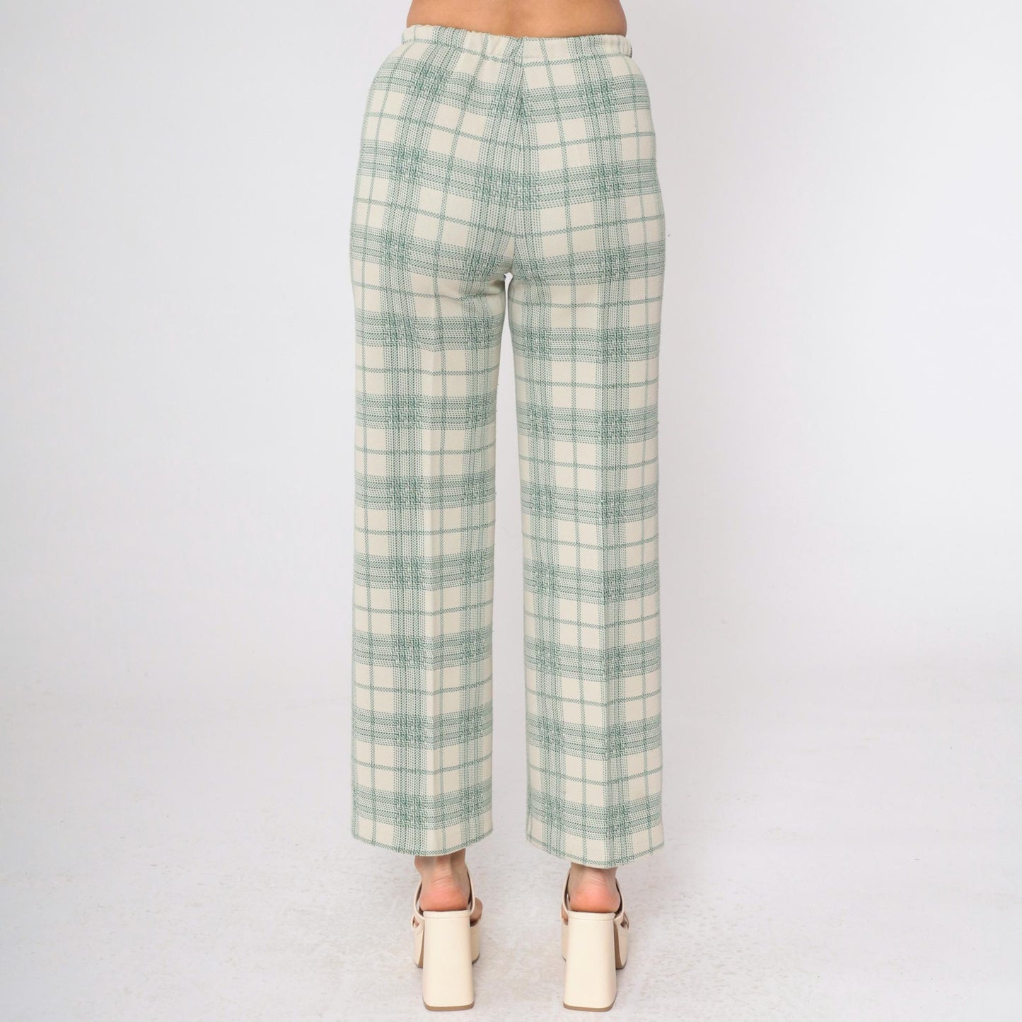 70s Plaid High-Waisted Trousers Cream Green Checkered Straight Leg Small