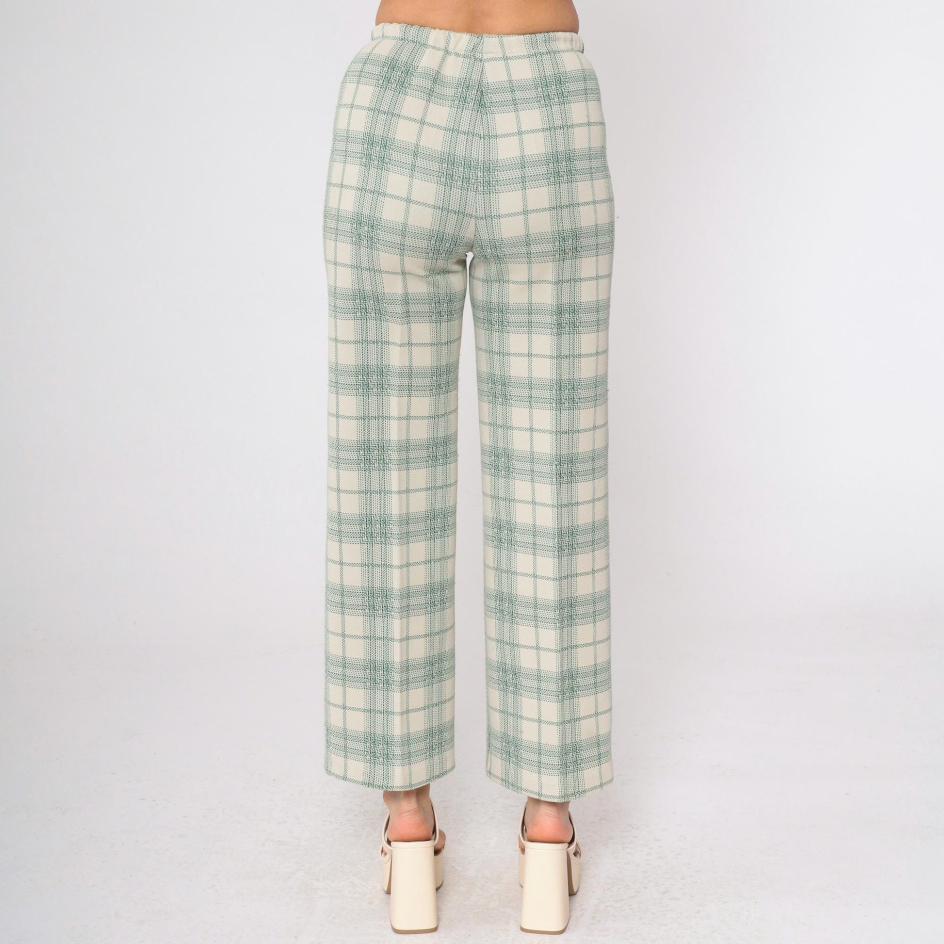 70s Plaid High-Waisted Trousers Cream Green Checkered Straight Leg Small