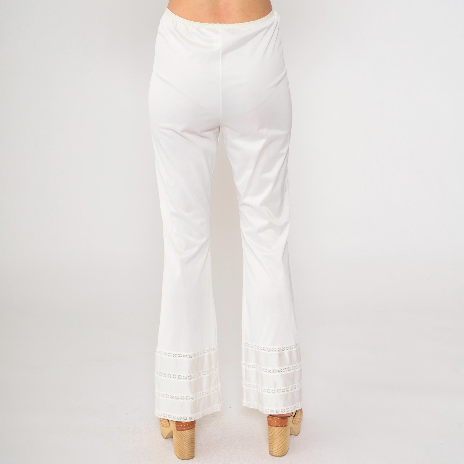 70s Gossara Artemis White Nylon Flared Lounge Pants Lace Trim Small