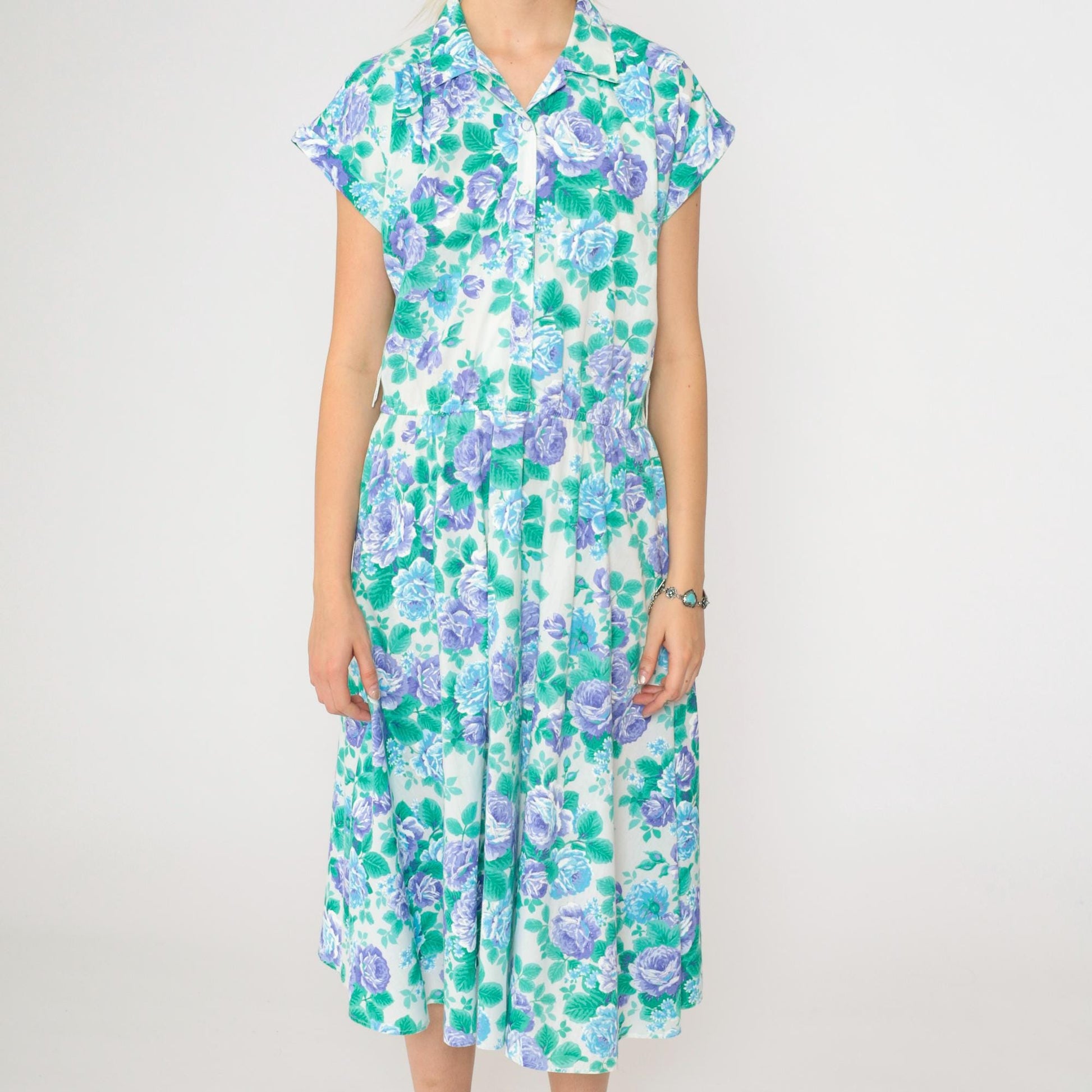 80s Floral Midi Dress Purple Rose Print High Waist Button Up Cap Sleeve Medium