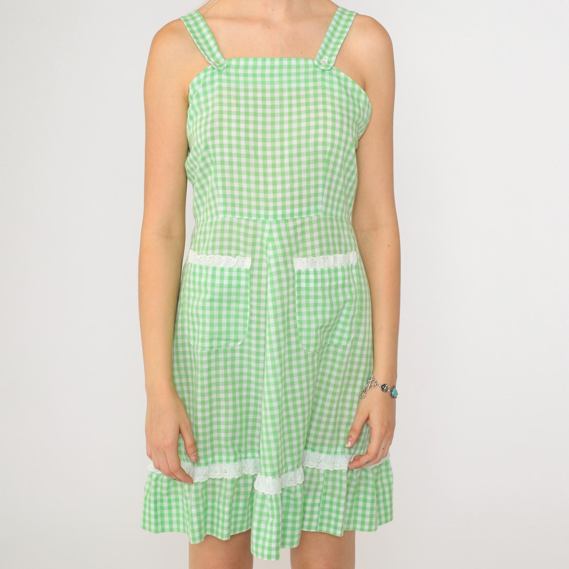70s Green Gingham Prairie Sundress Eyelet Lace Trim Mini Small