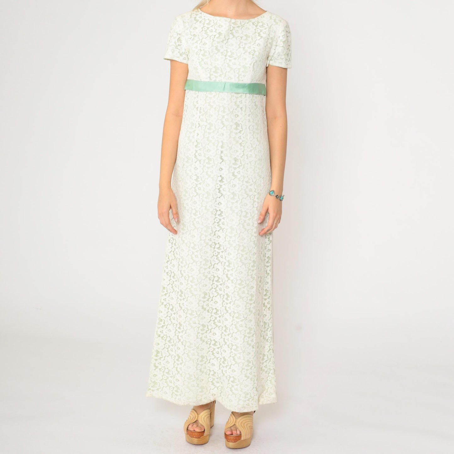 60s White Lace Maxi Dress Empire Waist Green Ribbon Short Sleeve Extra Small XS